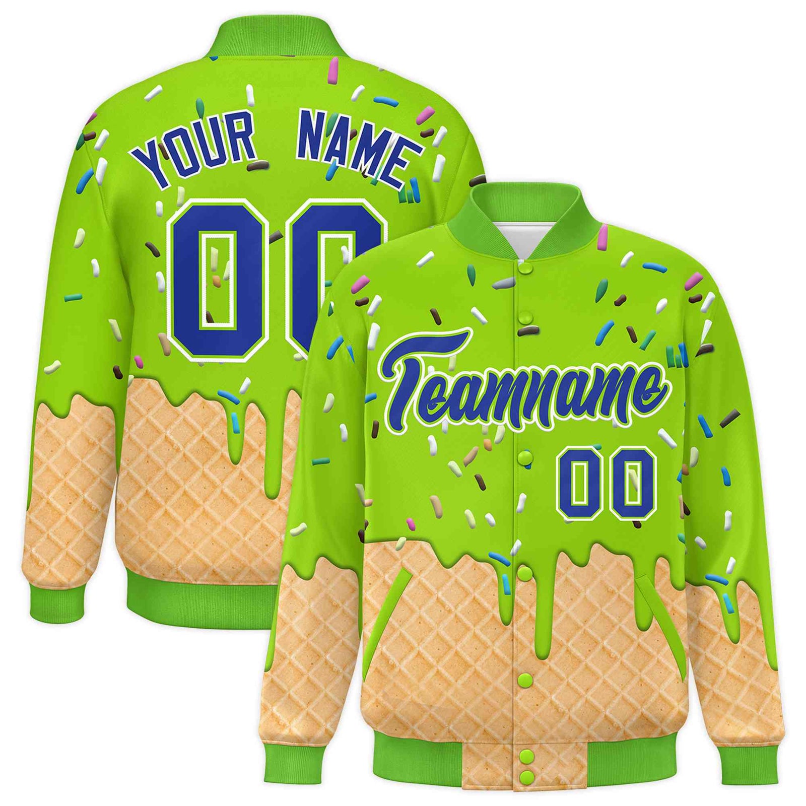 Custom Neon Green Ice Cream Cone Graffiti Pattern Full-Snap Varsity Letterman Jackets
