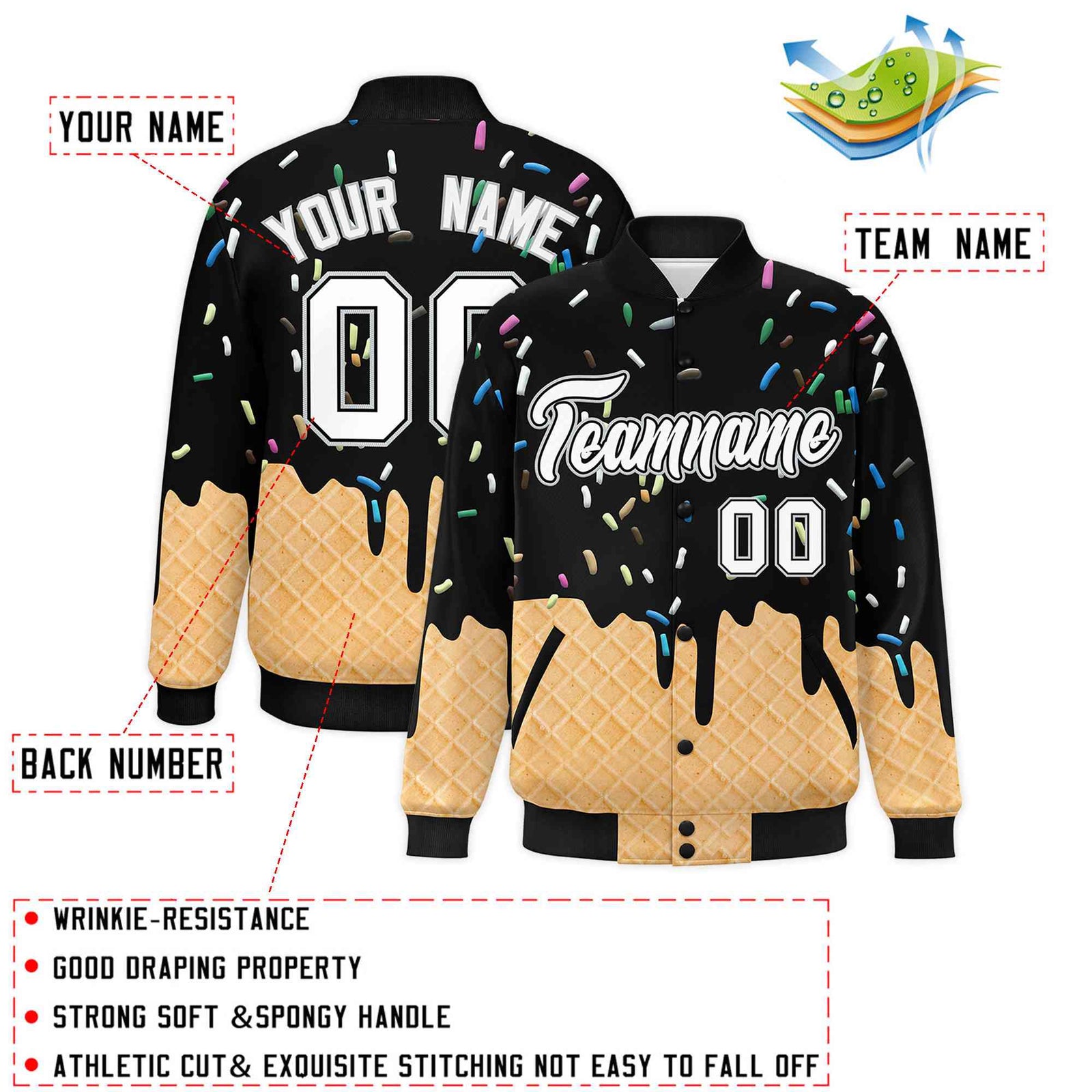Custom Black Ice Cream Cone Graffiti Pattern Full-Snap Varsity Letterman Jackets