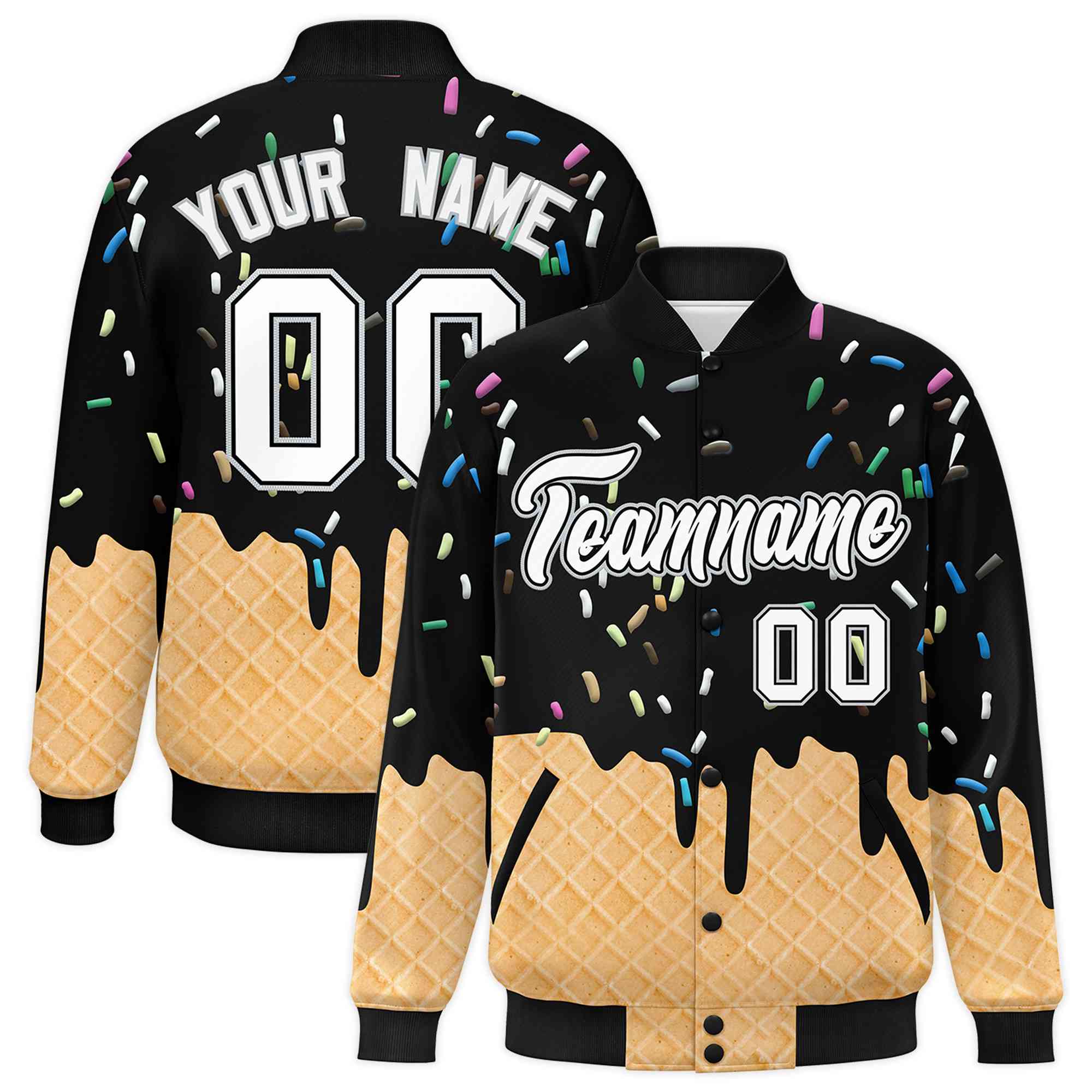 Custom Black Ice Cream Cone Graffiti Pattern Full-Snap Varsity Letterman Jackets