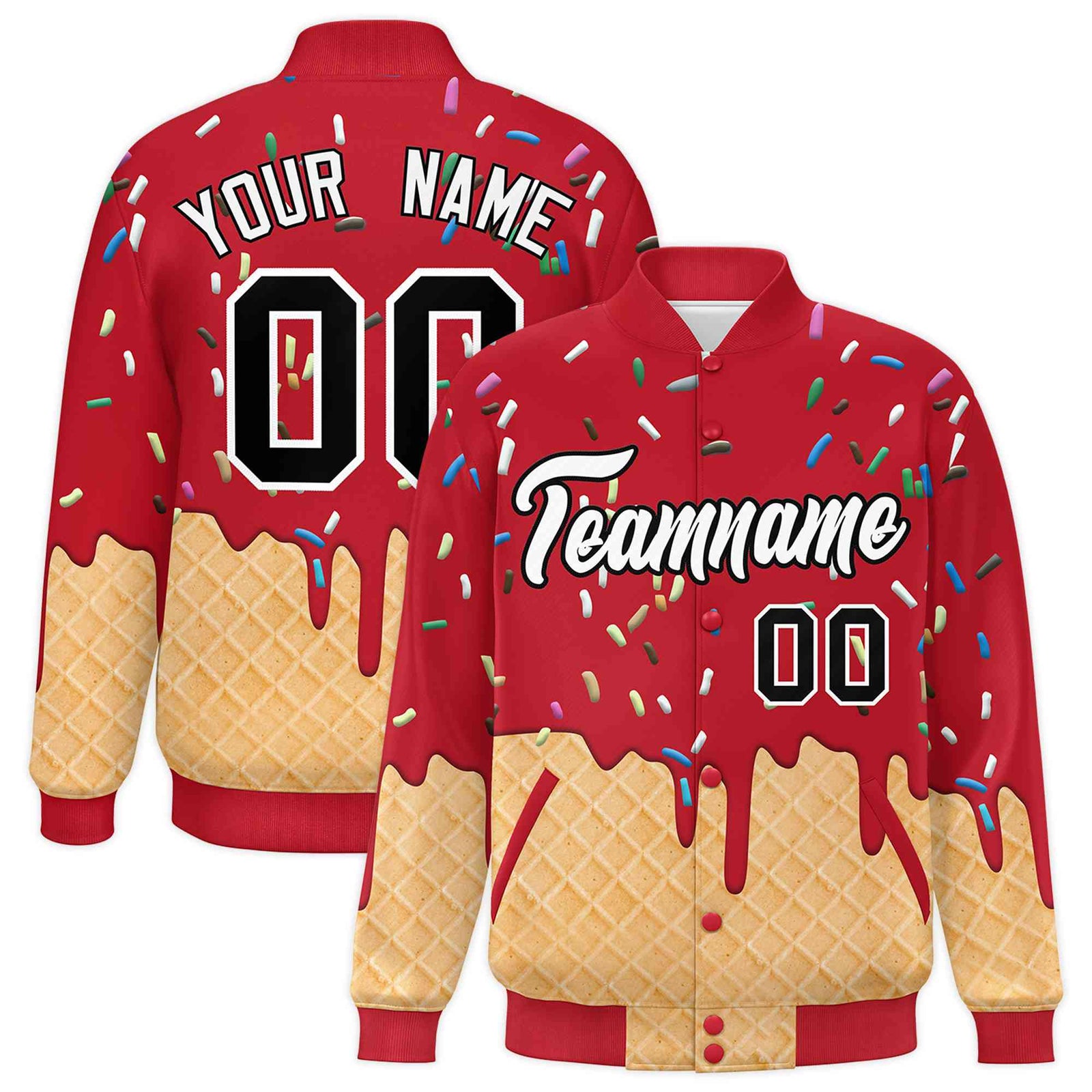 Custom Red Ice Cream Cone Graffiti Pattern Full-Snap Varsity Letterman Jackets