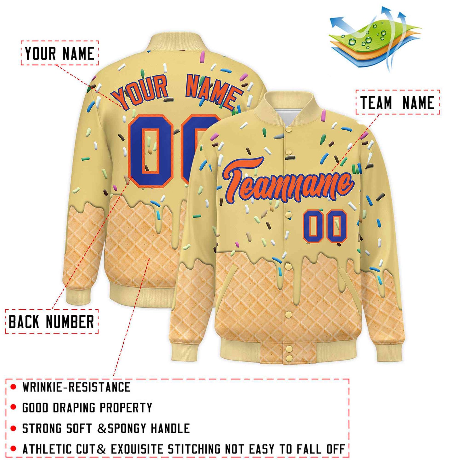 Custom Khaki Ice Cream Cone Graffiti Pattern Full-Snap Varsity Letterman Jackets