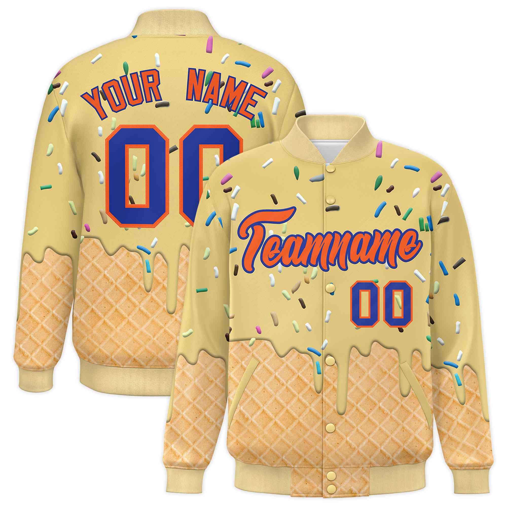 Custom Khaki Ice Cream Cone Graffiti Pattern Full-Snap Varsity Letterman Jackets