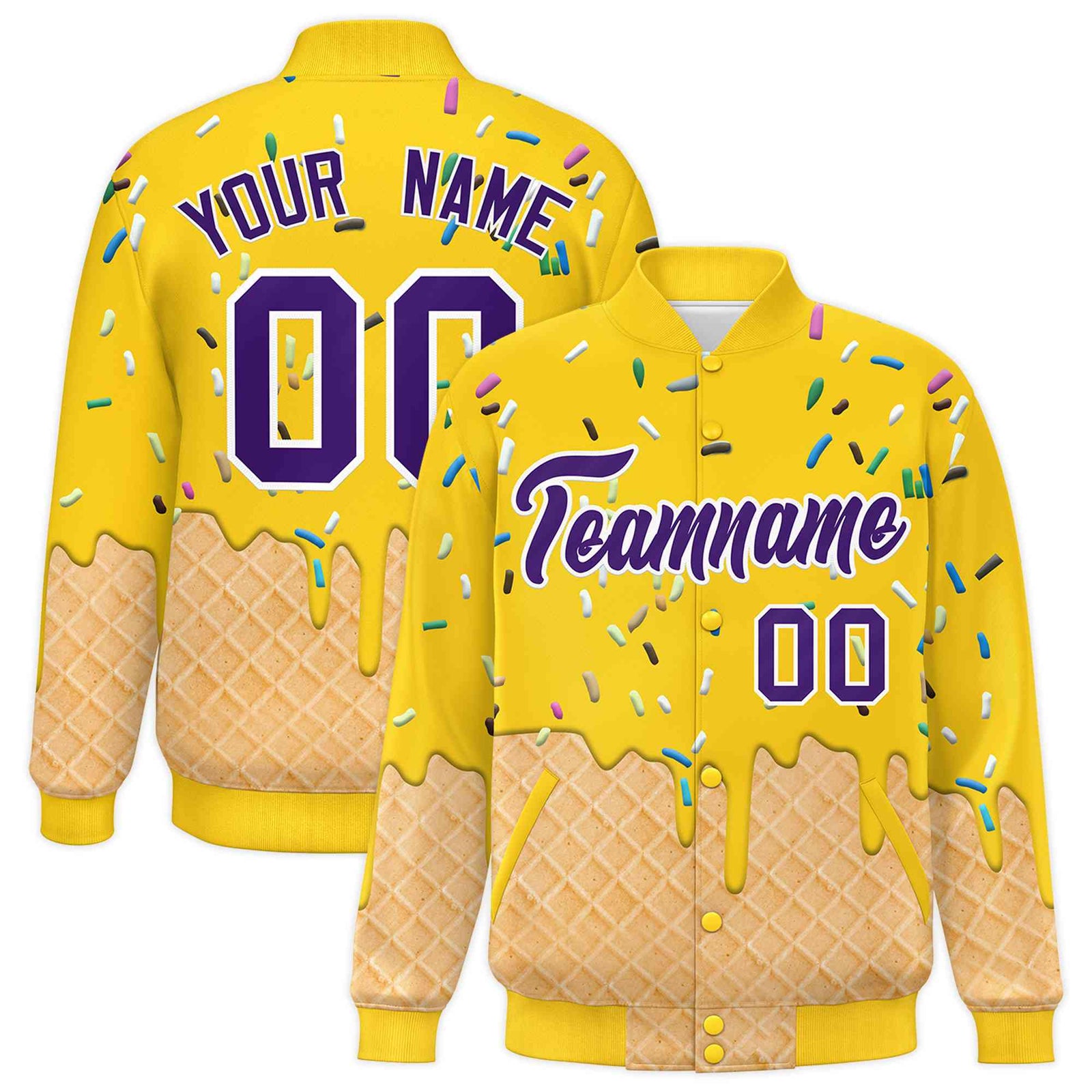 Custom Gold Ice Cream Cone Graffiti Pattern Full-Snap Varsity Letterman Jackets