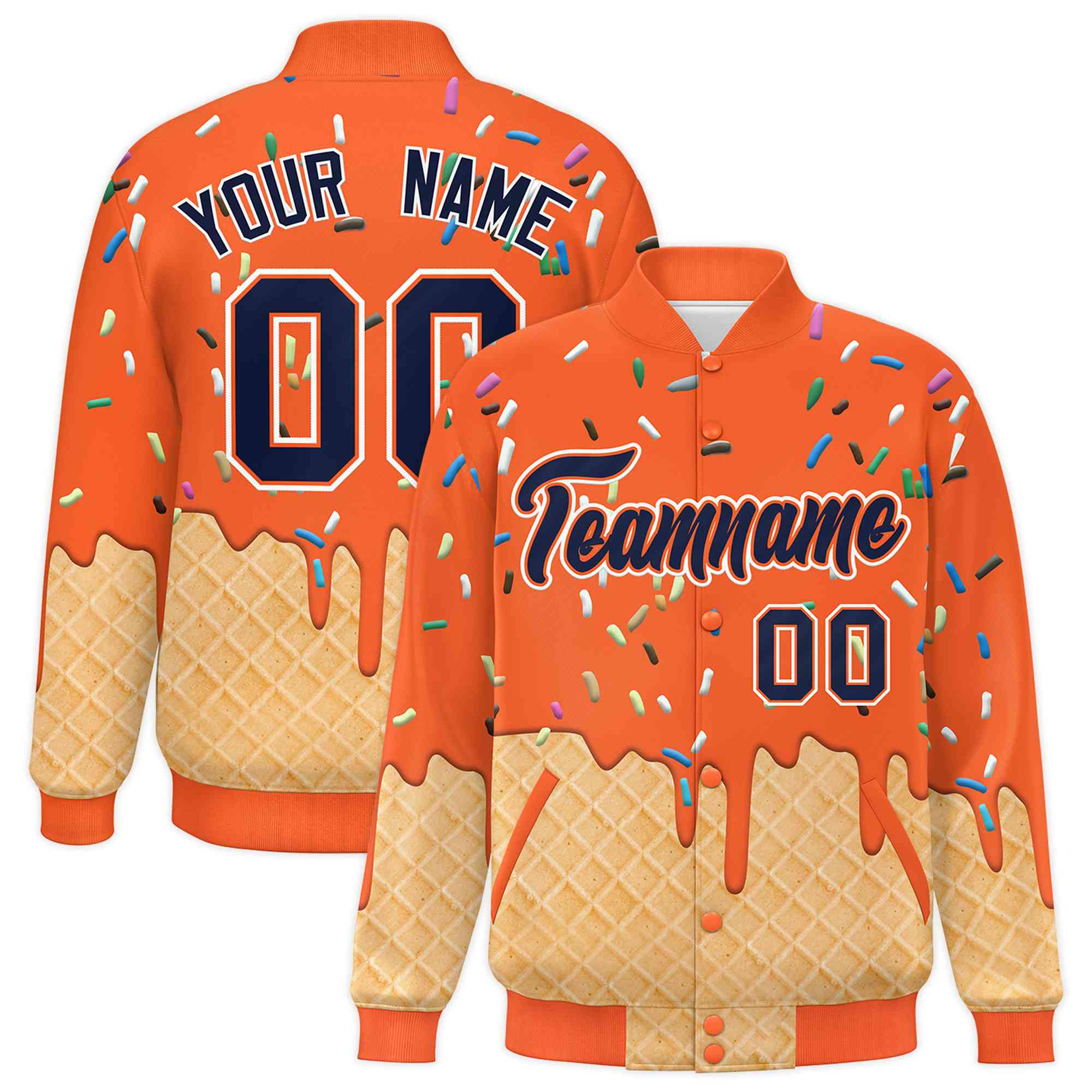 Custom Orange Ice Cream Cone Graffiti Pattern Full-Snap Varsity Letterman Jackets