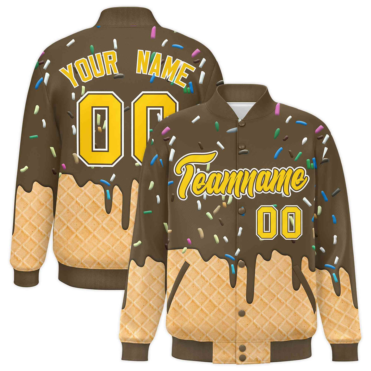 Custom Light Brown Ice Cream Cone Graffiti Pattern Full-Snap Varsity Letterman Jackets