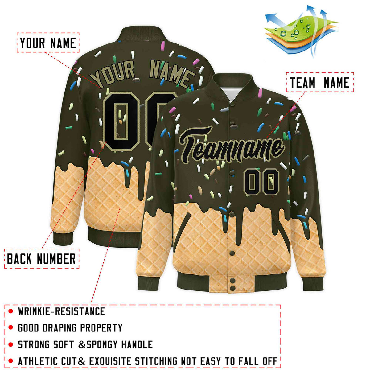 Custom Olive Ice Cream Cone Graffiti Pattern Full-Snap Varsity Letterman Jackets