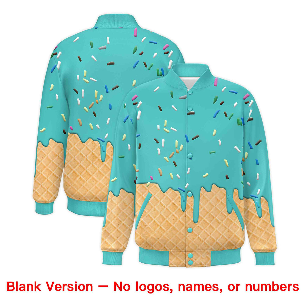 Custom Teal Ice Cream Cone Graffiti Pattern Full-Snap Varsity Letterman Jackets