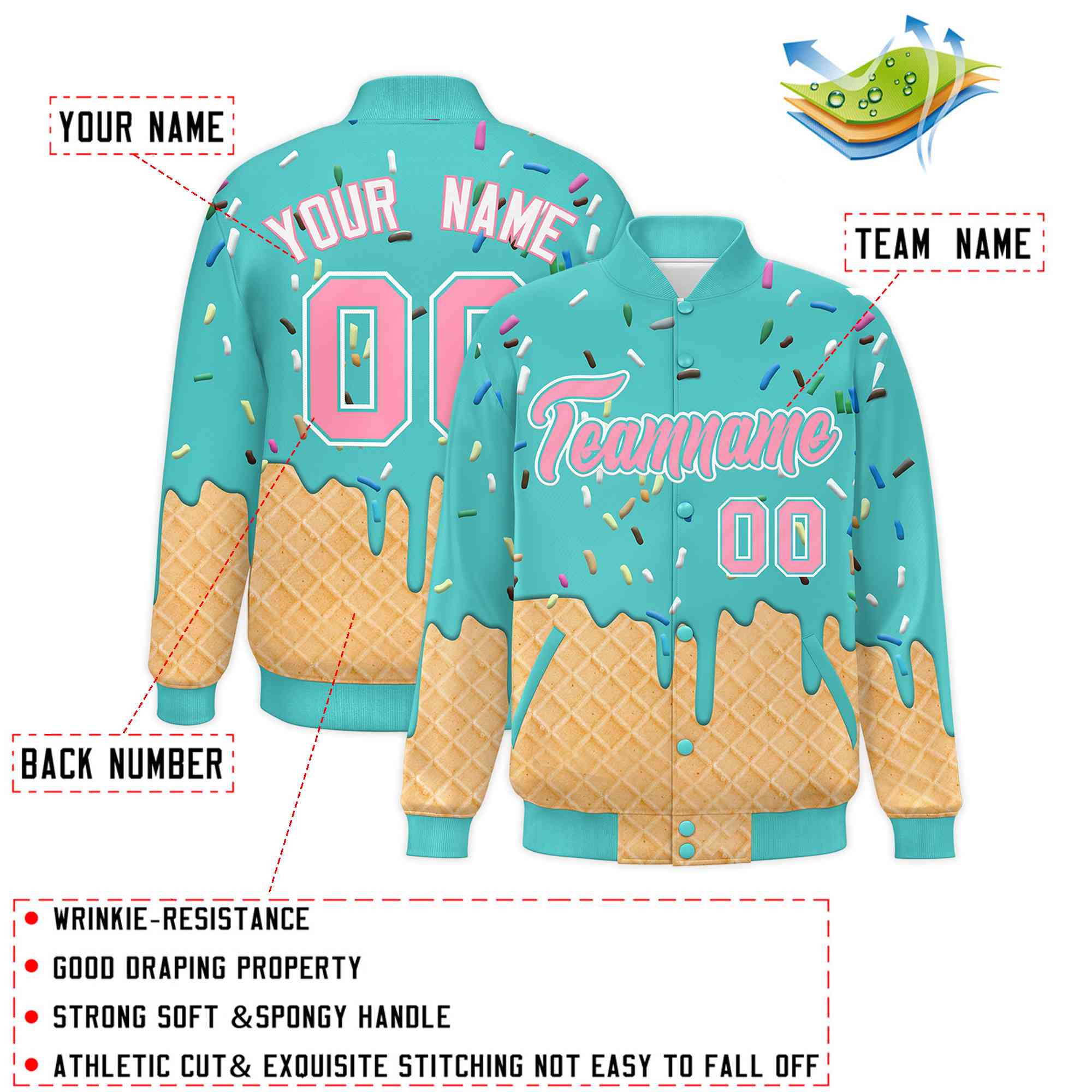 Custom Teal Ice Cream Cone Graffiti Pattern Full-Snap Varsity Letterman Jackets
