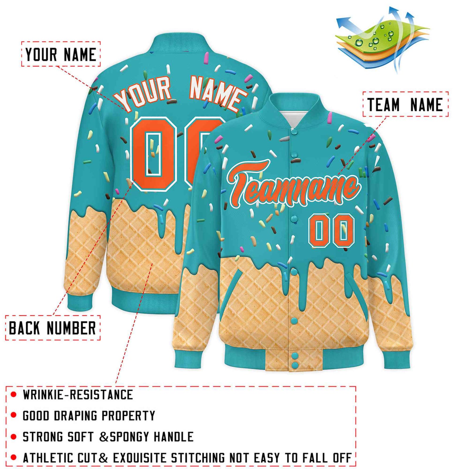Custom Aqua Ice Cream Cone Graffiti Pattern Full-Snap Varsity Letterman Jackets