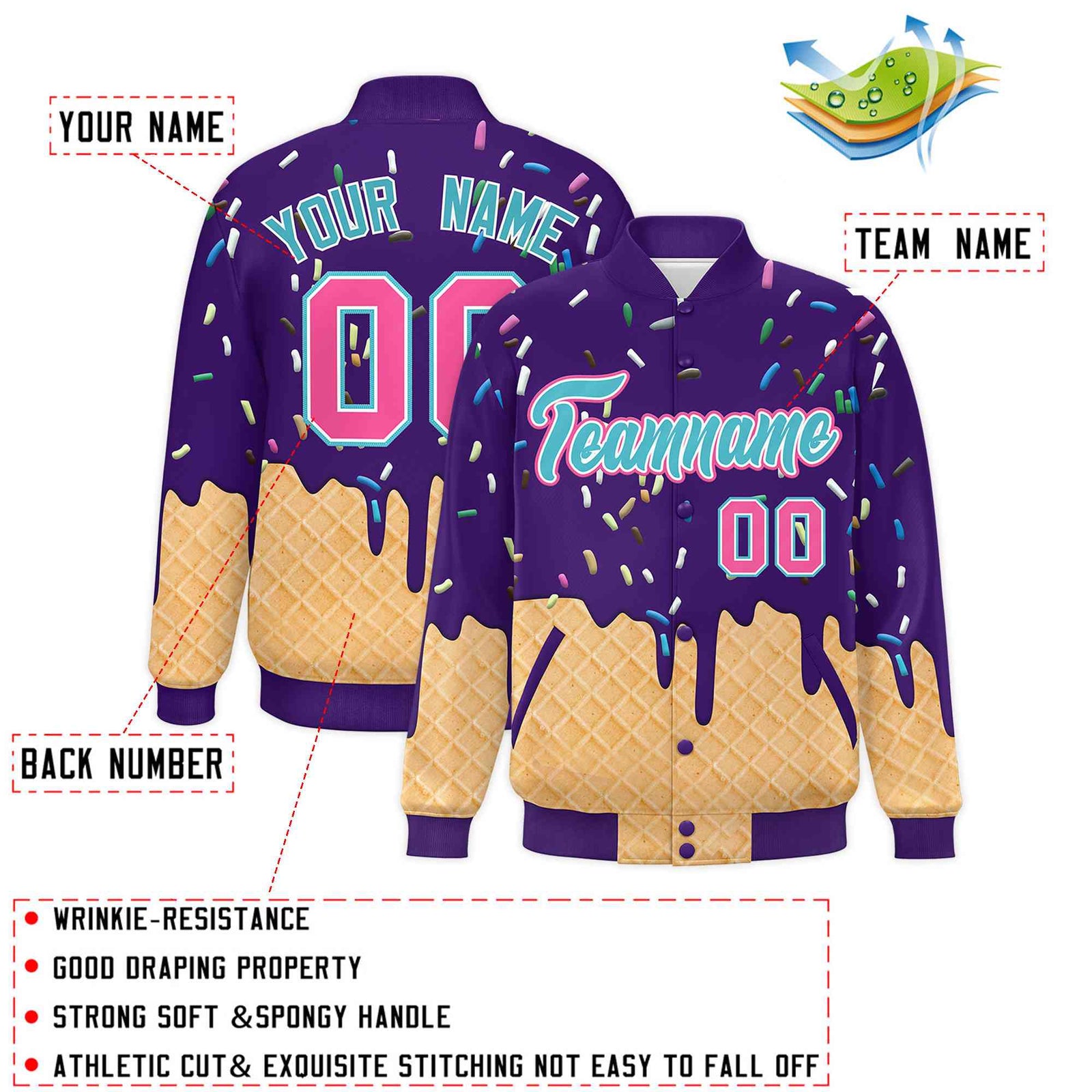 Custom Purple Ice Cream Cone Graffiti Pattern Full-Snap Varsity Letterman Jackets