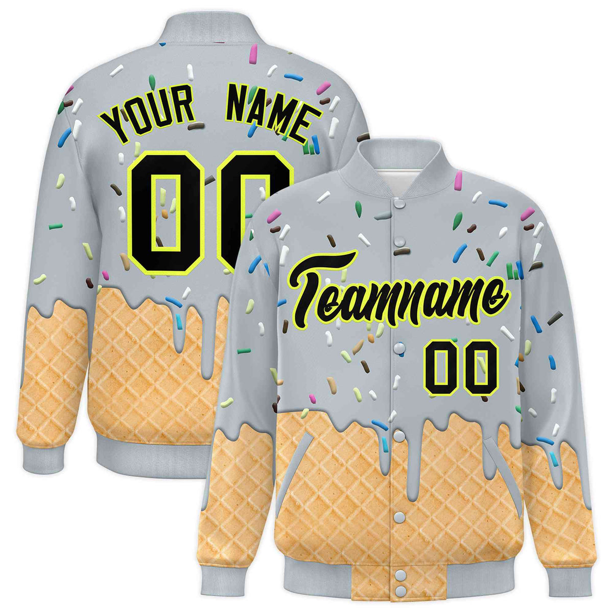 Custom Silver Ice Cream Cone Graffiti Pattern Full-Snap Varsity Letterman Jackets
