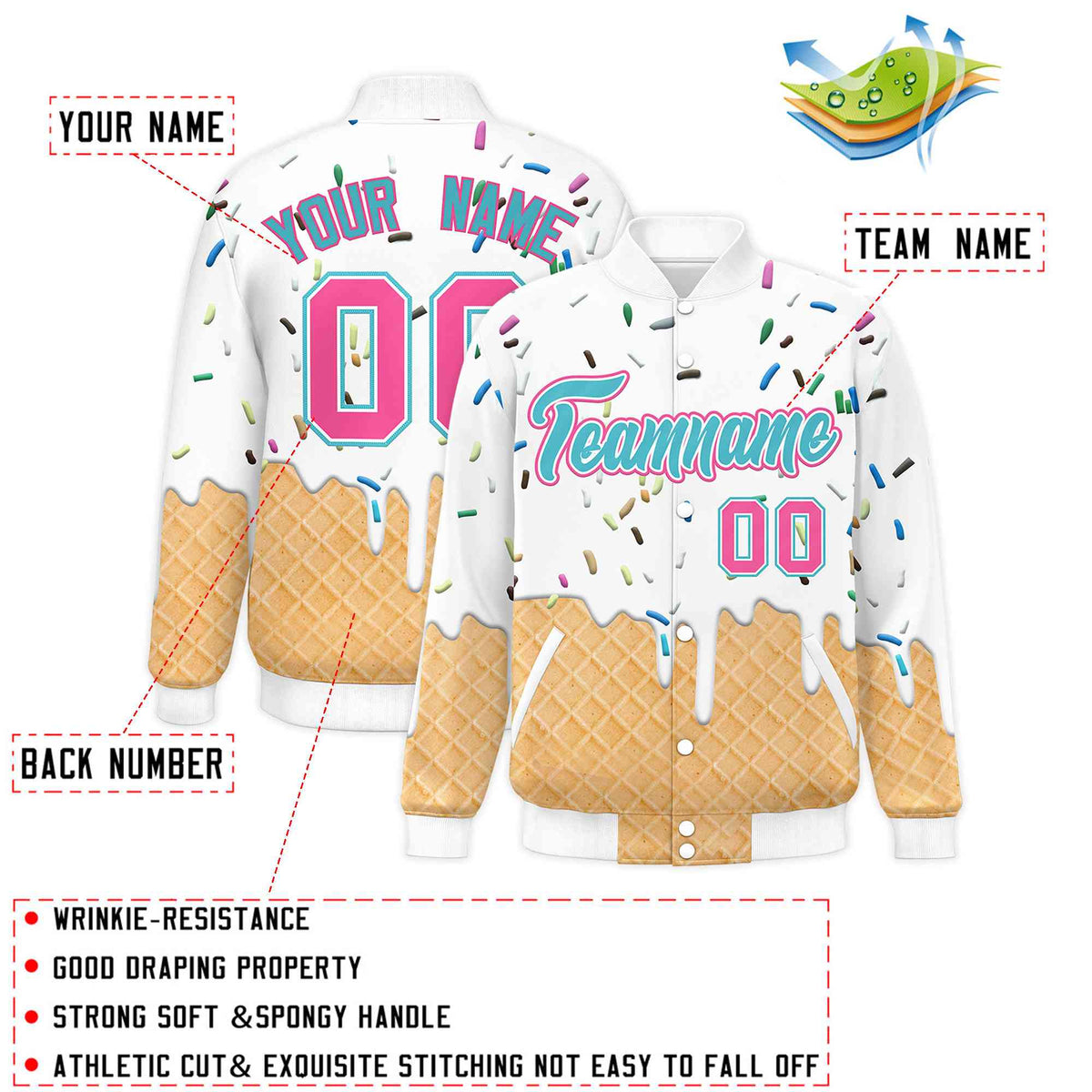 Custom White Ice Cream Cone Graffiti Pattern Full-Snap Varsity Letterman Jackets
