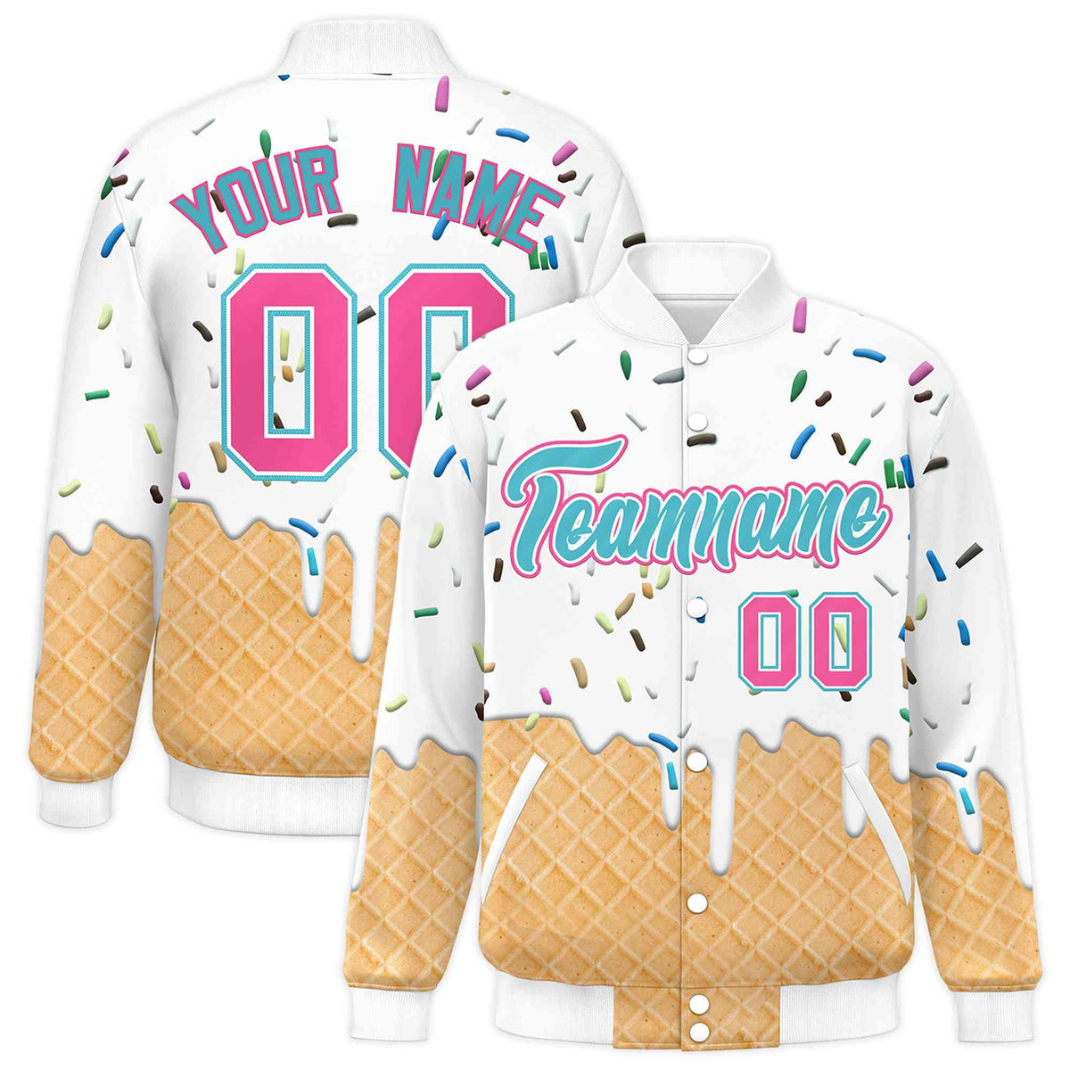 Custom White Ice Cream Cone Graffiti Pattern Full-Snap Varsity Letterman Jackets