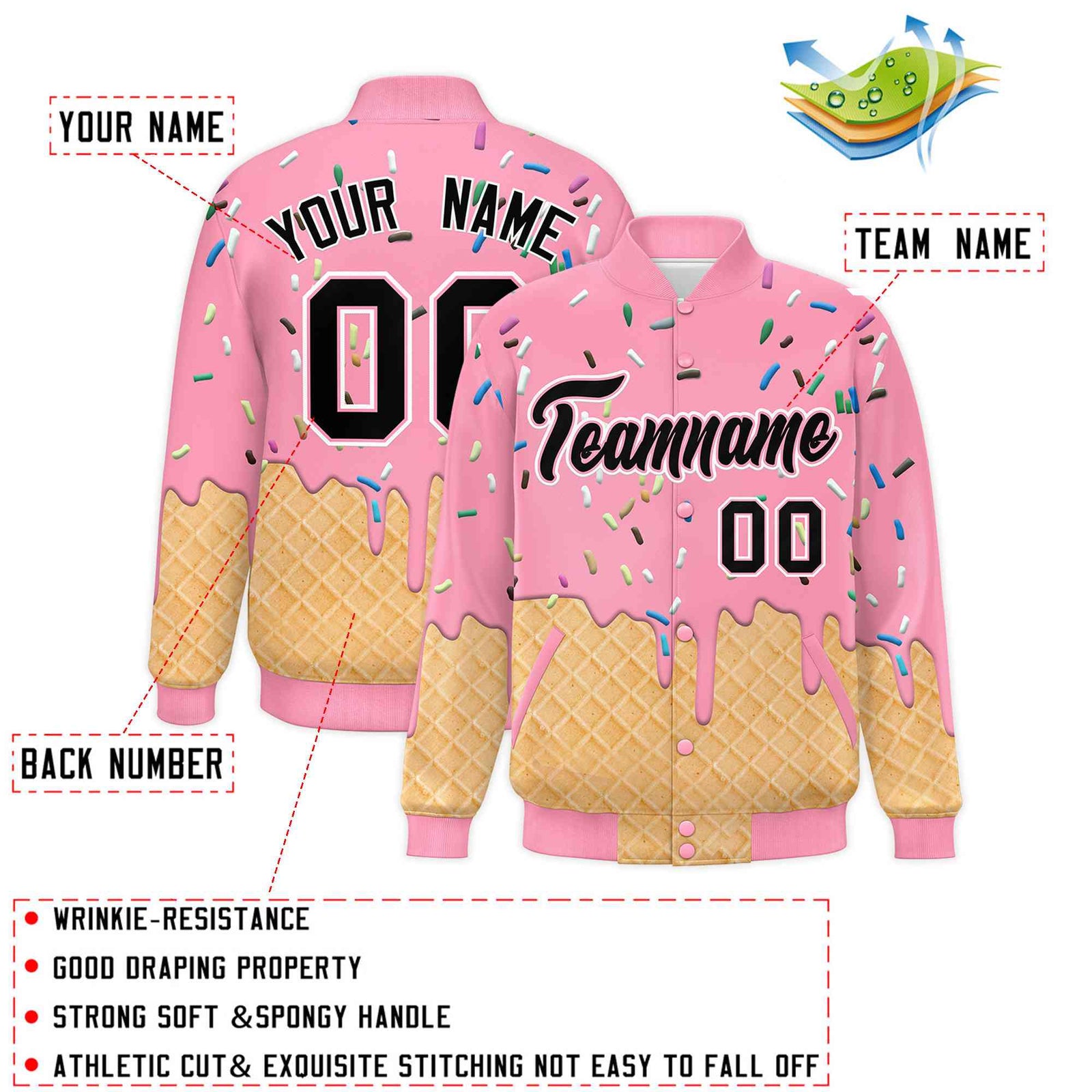 Custom Light Pink Ice Cream Cone Graffiti Pattern Full-Snap Varsity Letterman Jackets