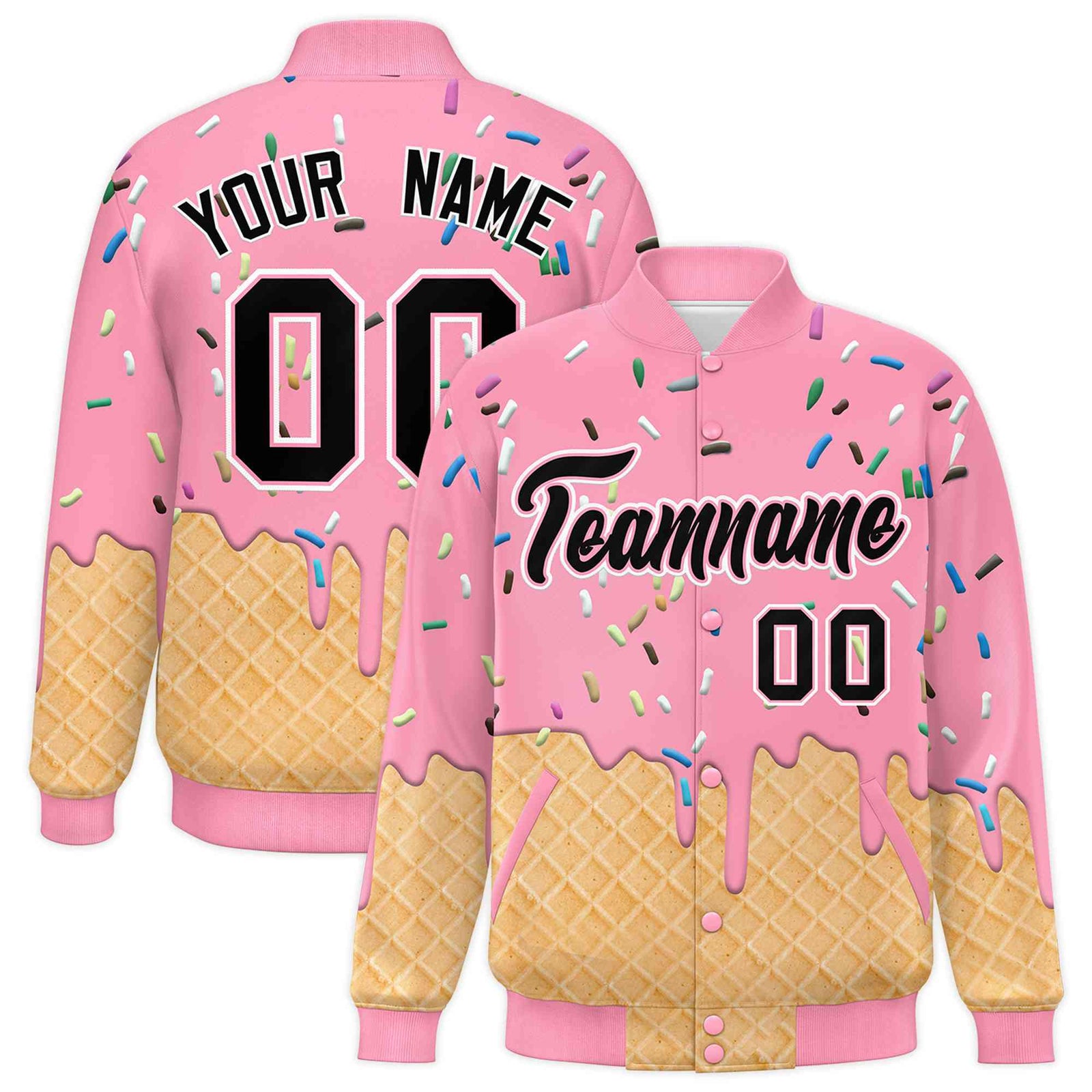 Custom Light Pink Ice Cream Cone Graffiti Pattern Full-Snap Varsity Letterman Jackets