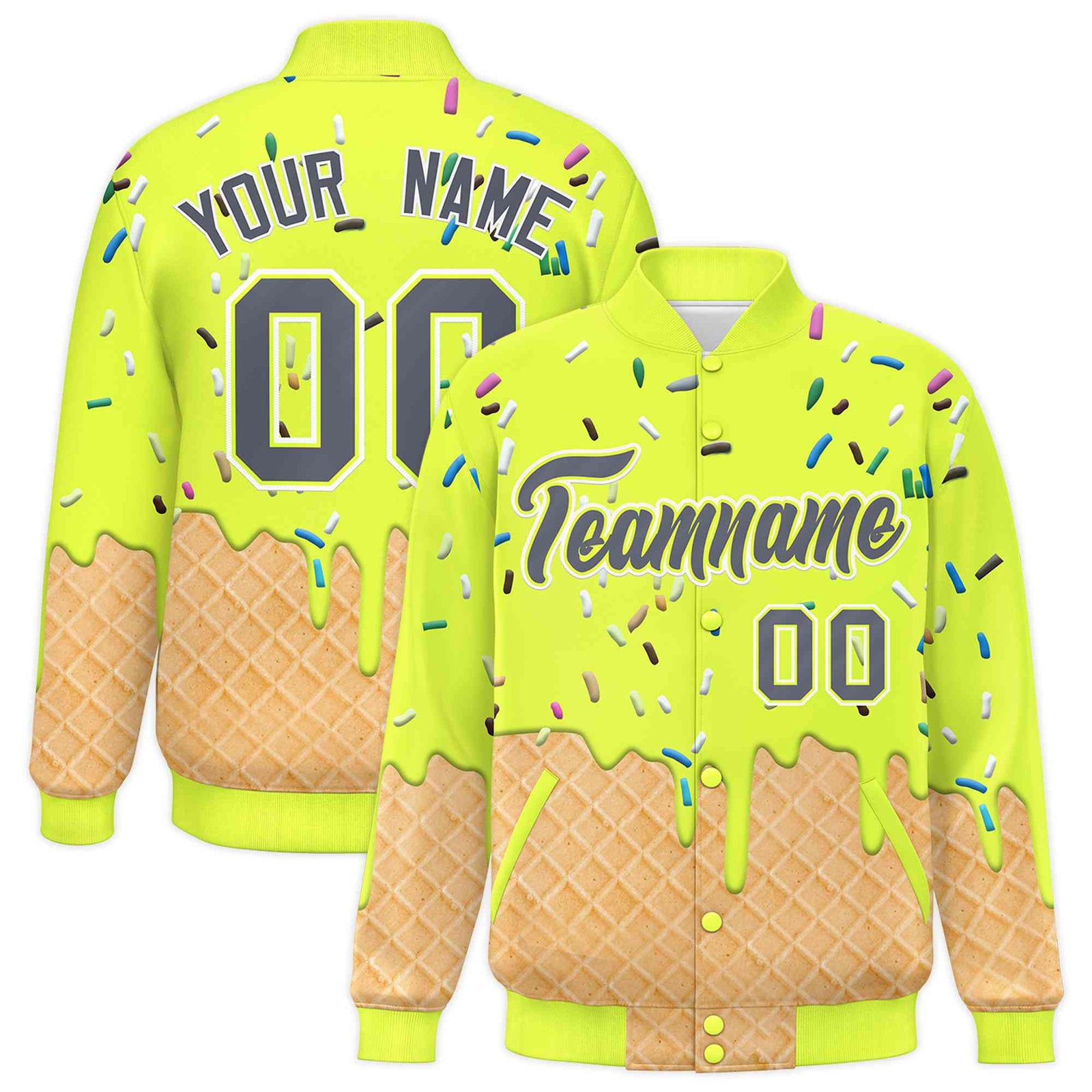 Custom Fluorescent Green Ice Cream Cone Graffiti Pattern Full-Snap Varsity Letterman Jackets