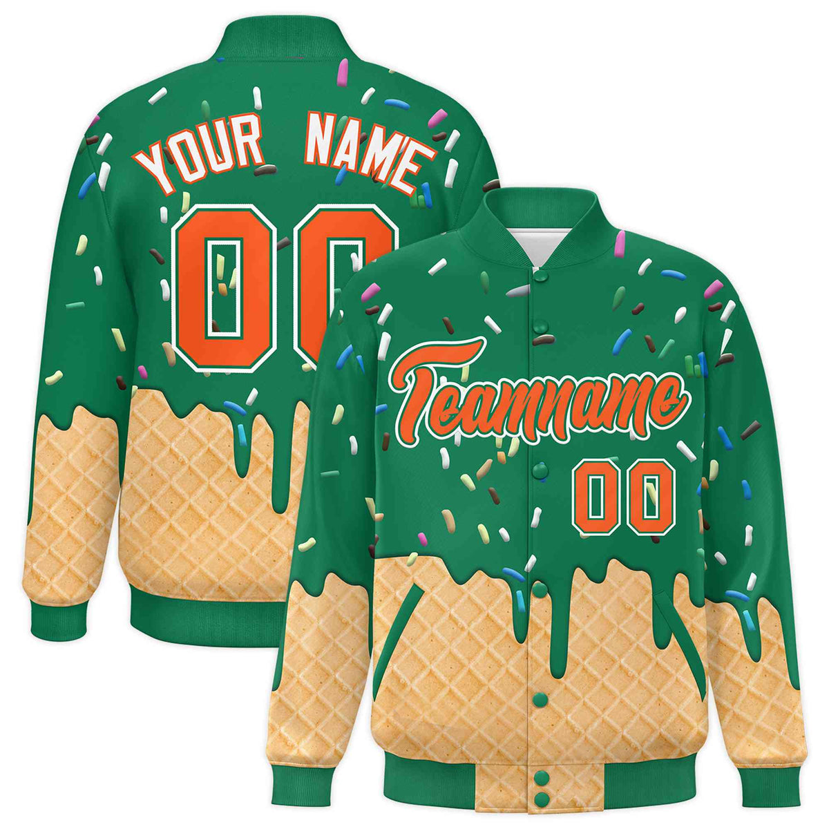 Custom Kelly Green Ice Cream Cone Graffiti Pattern Full-Snap Varsity Letterman Jackets