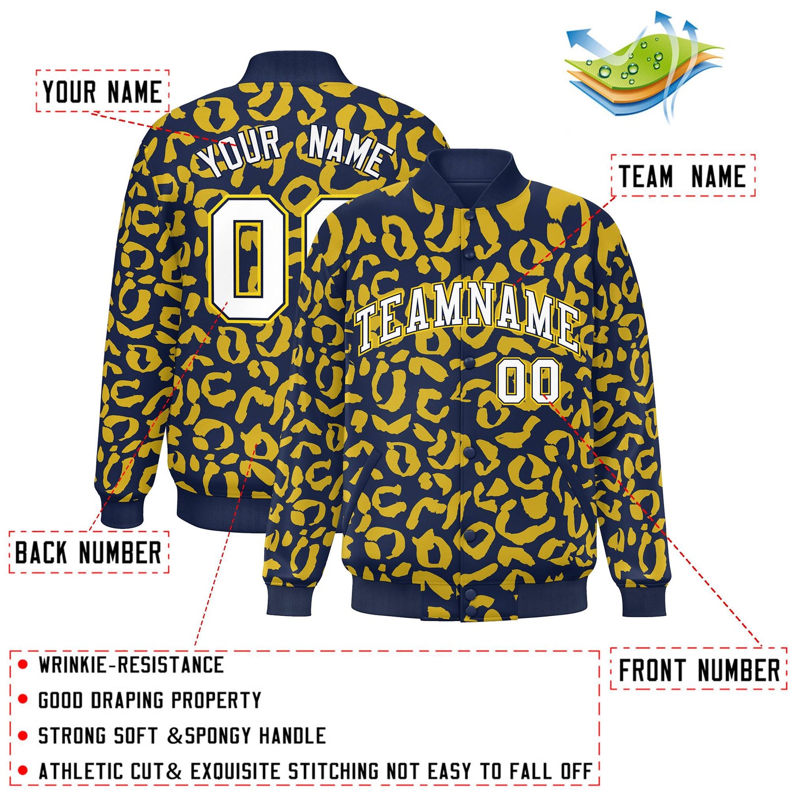 Custom Navy Gold Varsity Full-Snap Leopard Print Graffiti Pattern Letterman Baseball Jacket