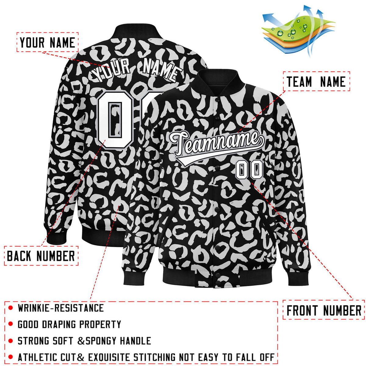 Custom Black White Varsity Full-Snap Leopard Print Graffiti Pattern Letterman Baseball Jacket
