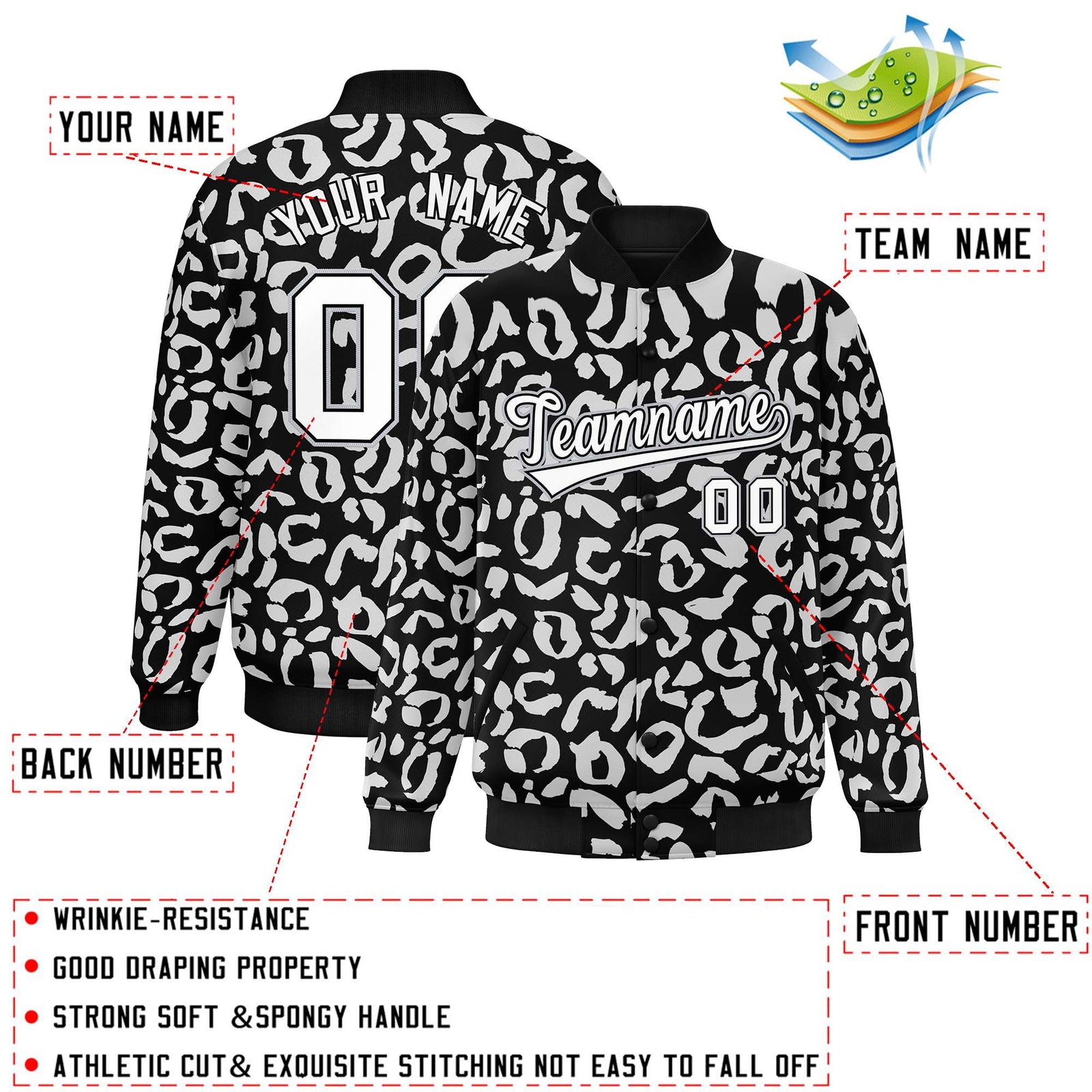Custom Black White Varsity Full-Snap Leopard Print Graffiti Pattern Letterman Baseball Jacket