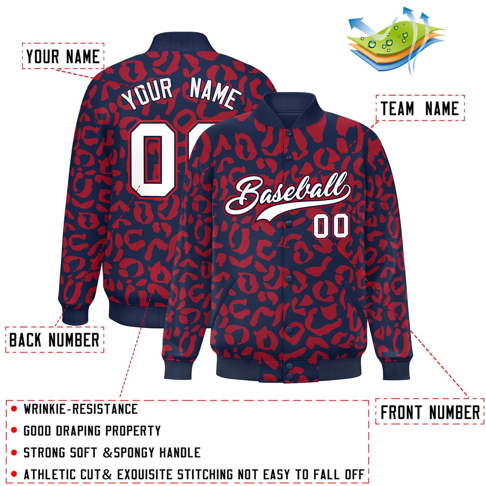 Custom Navy Red Varsity Full-Snap Leopard Print Graffiti Pattern Letterman Baseball Jacket