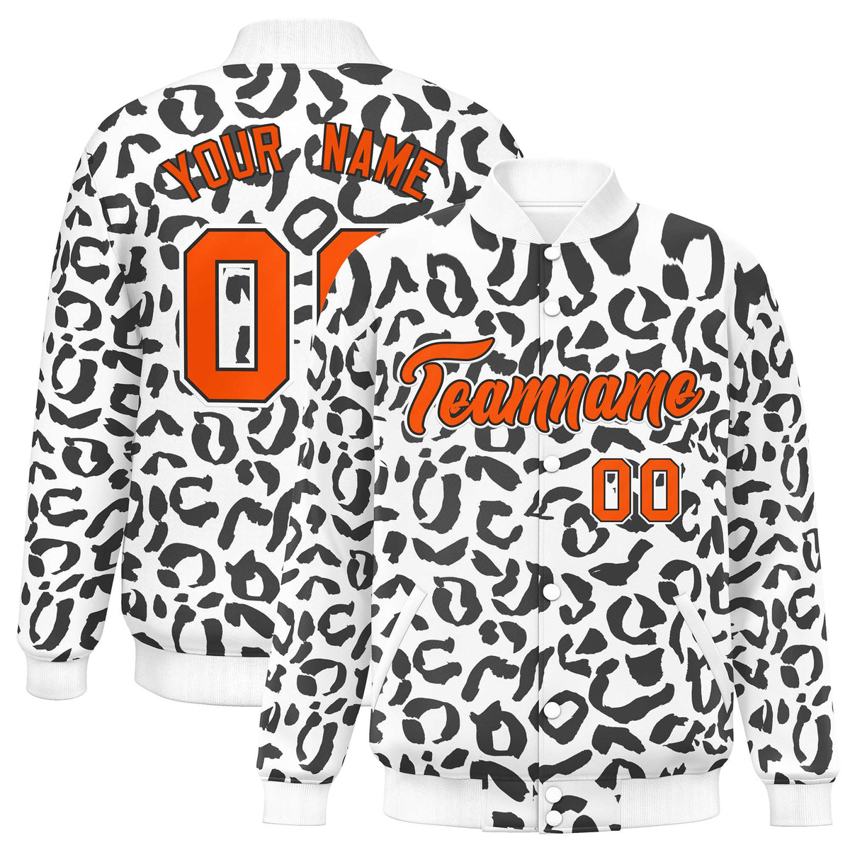 Custom White Black Varsity Full-Snap Leopard Print Graffiti Pattern Letterman Baseball Jacket