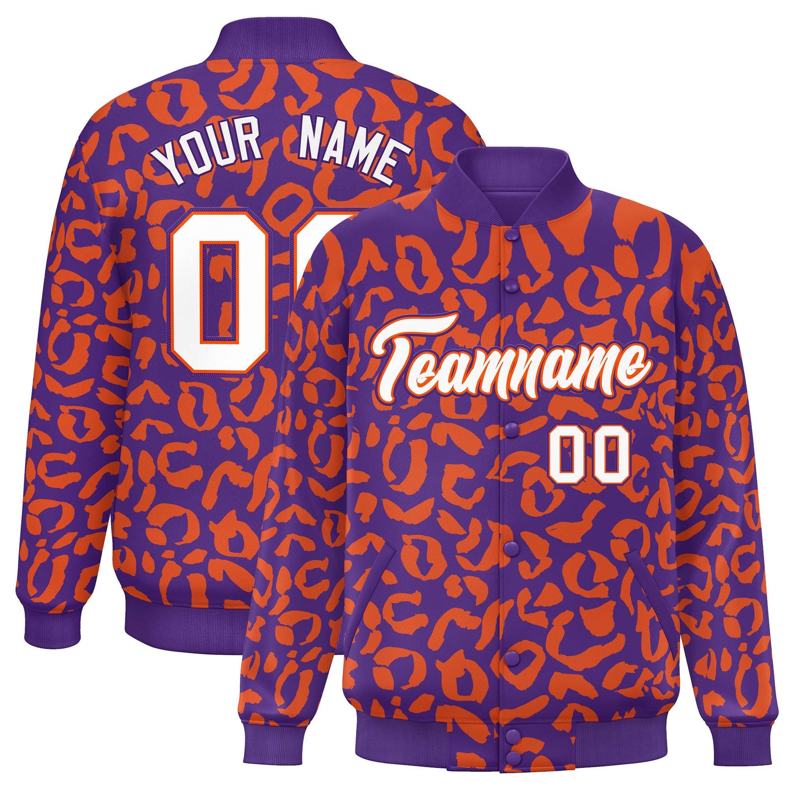 Custom Purple Orange Varsity Full-Snap Leopard Print Graffiti Pattern Letterman Baseball Jacket
