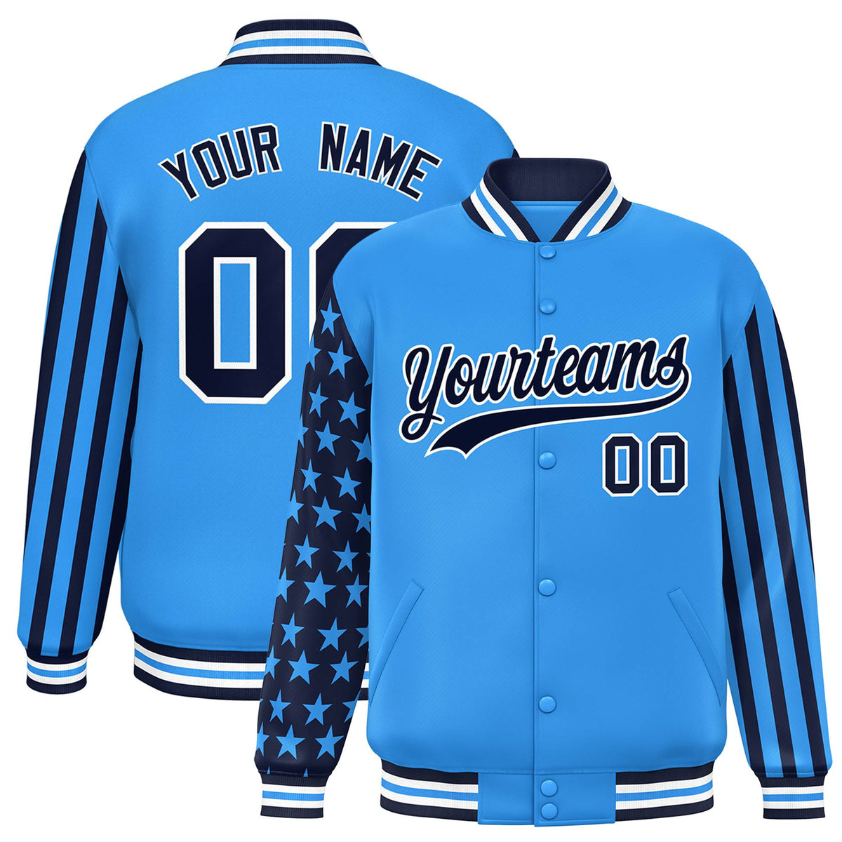 Custom Powder Blue American Flag Varsity Full-Snap Authentic Raglan Sleeves Letterman Bomber Jacket