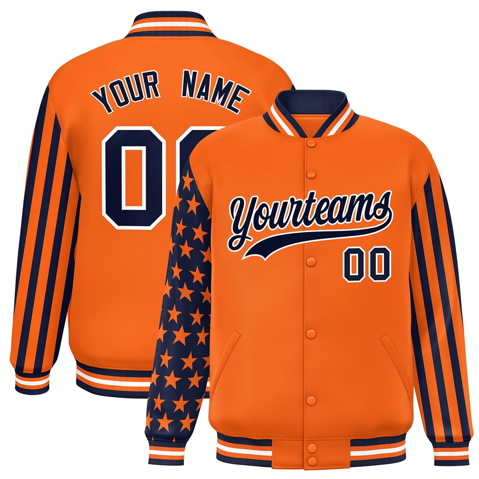 Custom Orange Navy American Flag Varsity Full-Snap Authentic Raglan Sleeves Letterman Bomber Jacket