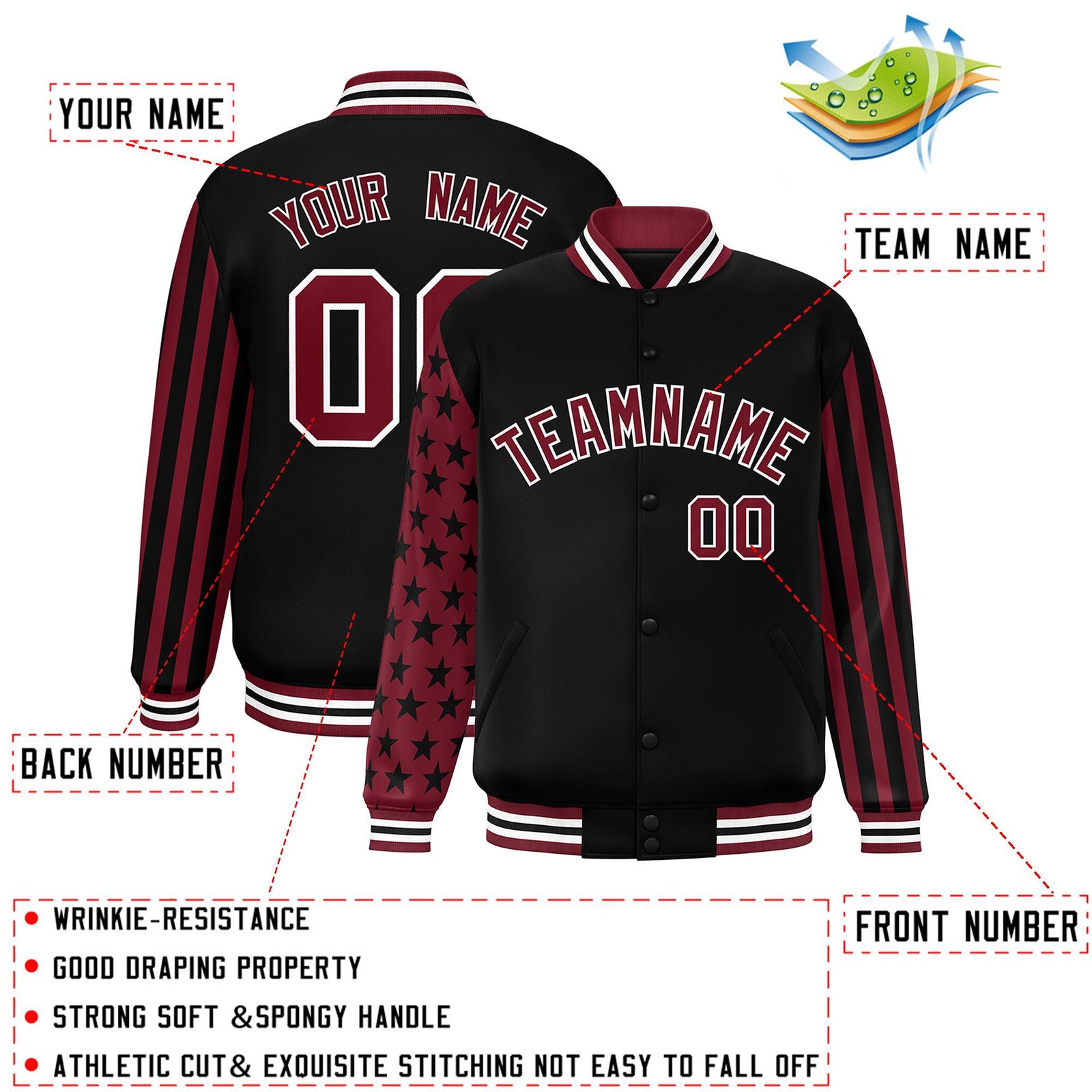 Custom Black Crimson American Flag Varsity Full-Snap Authentic Raglan Sleeves Letterman Bomber Jacket