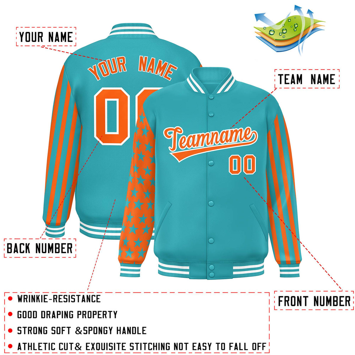 Custom Aqua American Flag Varsity Full-Snap Authentic Raglan Sleeves Letterman Bomber Jacket