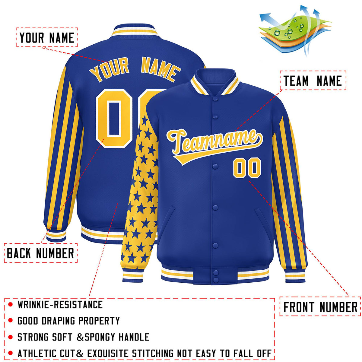 Custom Royal American Flag Varsity Full-Snap Authentic Raglan Sleeves Letterman Bomber Jacket