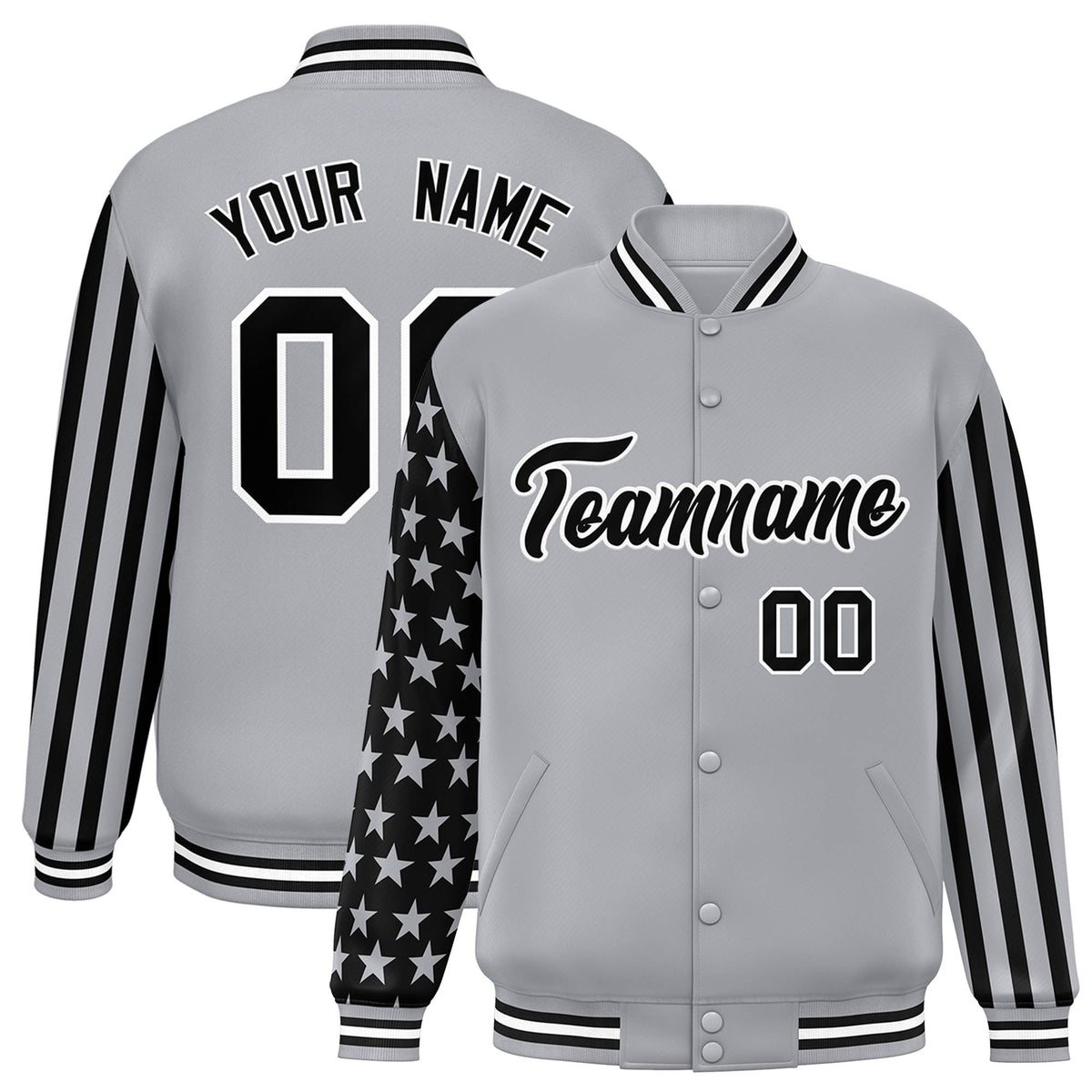 Custom Gray American Flag Varsity Full-Snap Authentic Raglan Sleeves Letterman Bomber Jacket