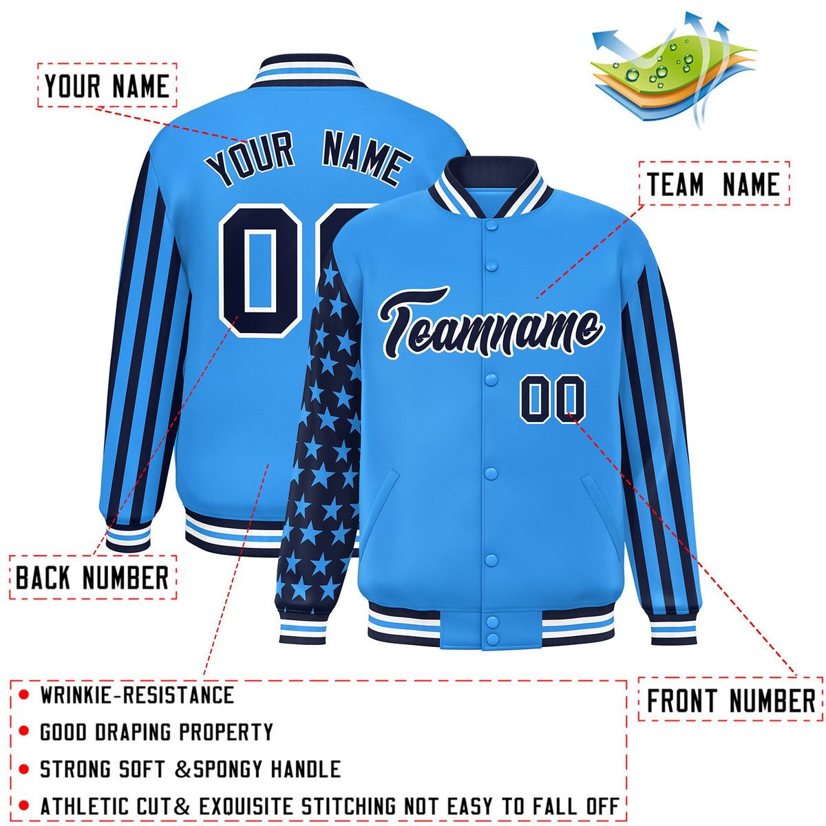 Custom Powder Blue American Flag Varsity Full-Snap Authentic Raglan Sleeves Letterman Bomber Jacket