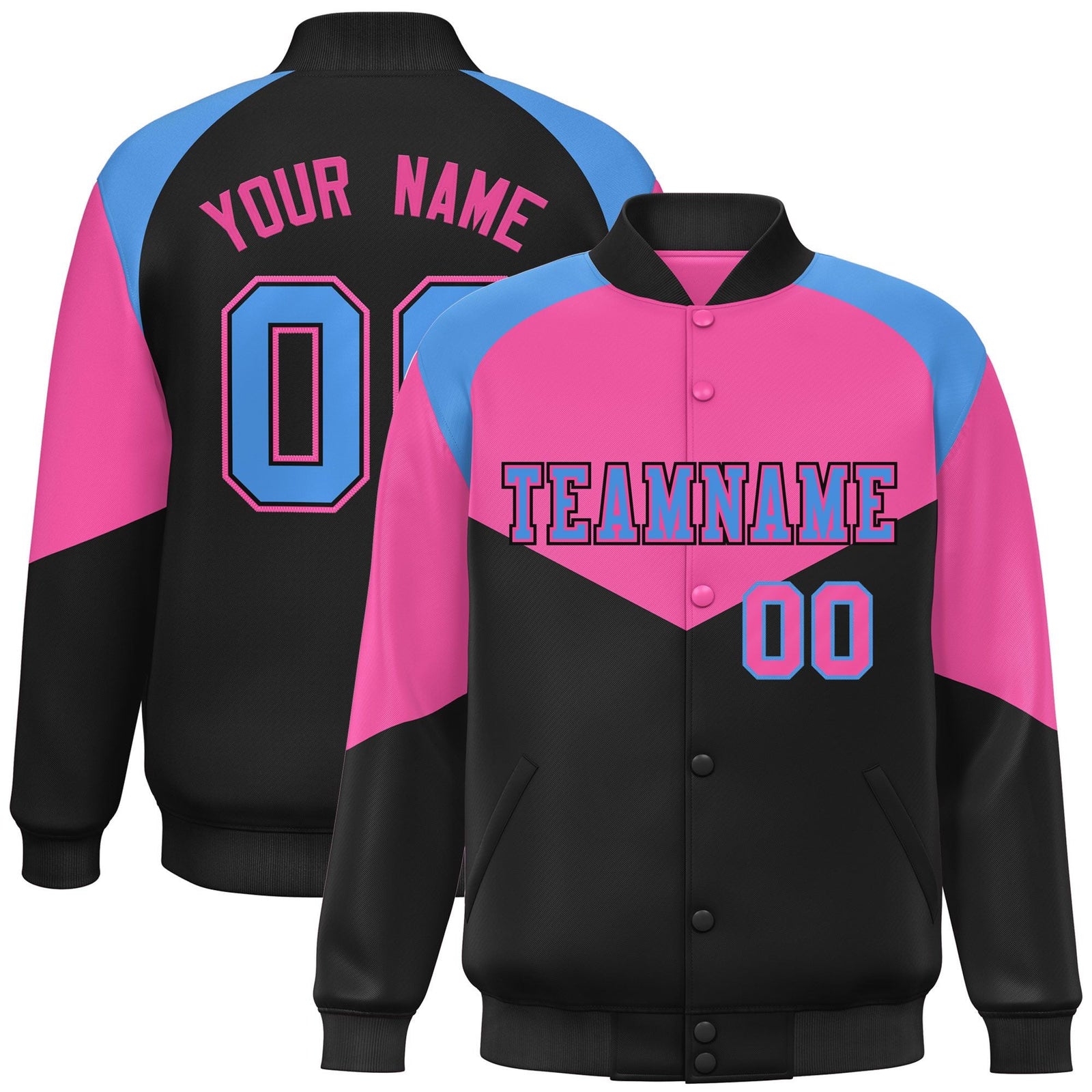 Custom Pink Black Varsity Full-Snap Color Block Letterman Jacket