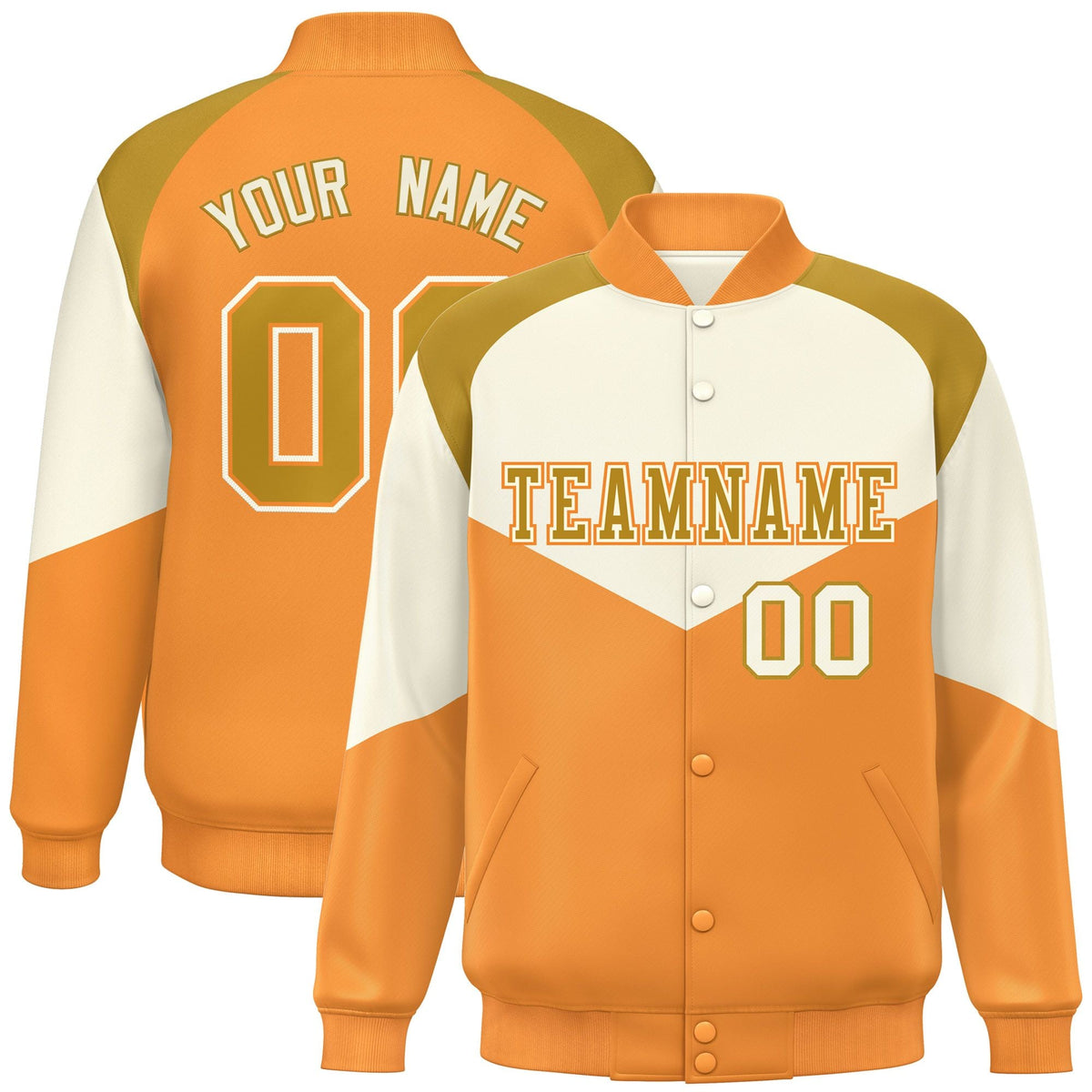 Custom Cream Orange Varsity Full-Snap Color Block Letterman Jacket