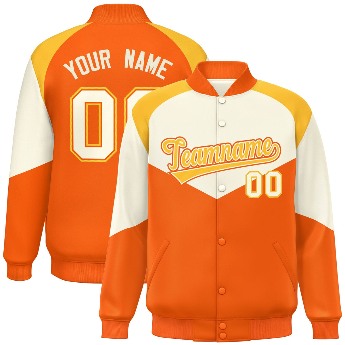 Custom Cream Orange Varsity Full-Snap Color Block Letterman Jacket