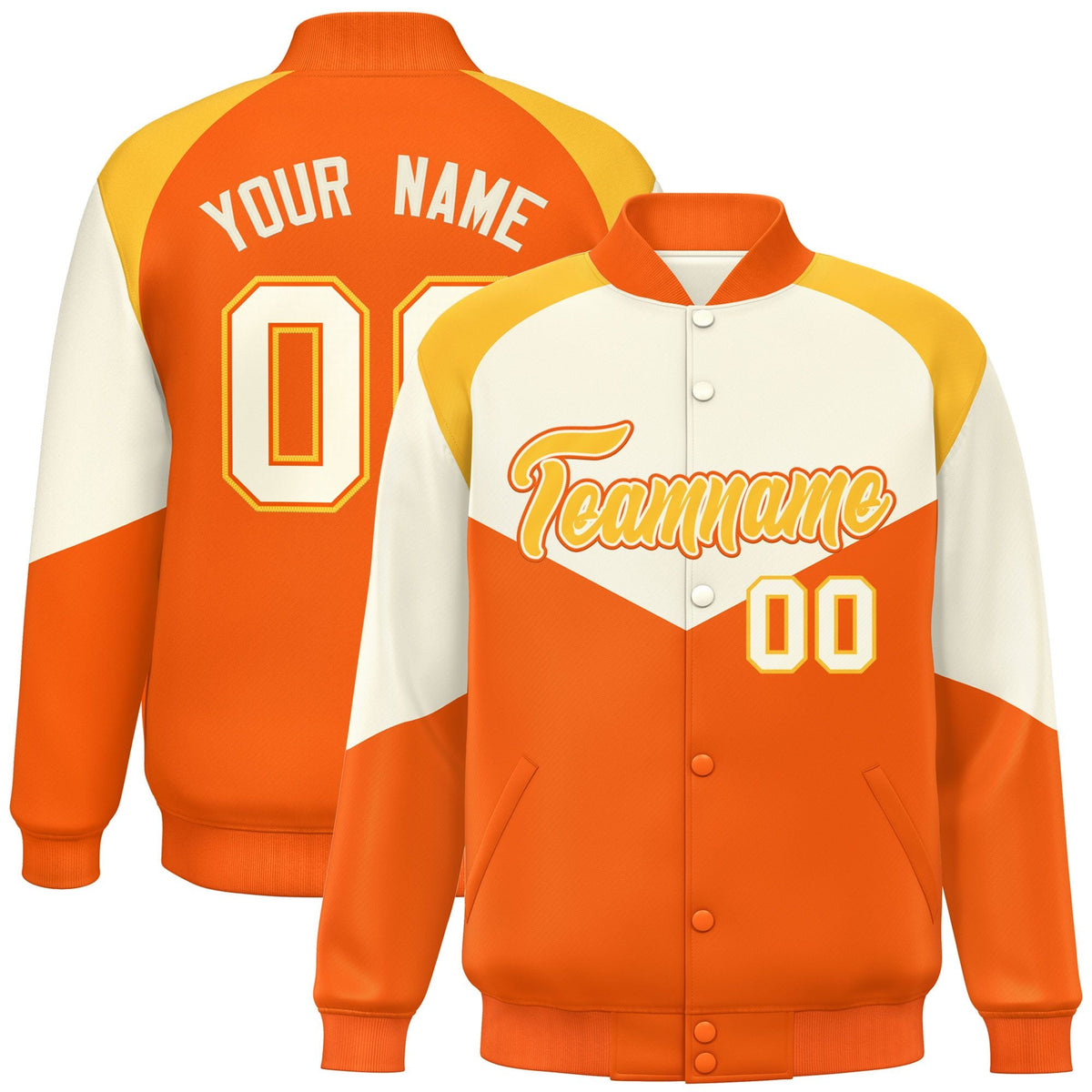 Custom Cream Orange Varsity Full-Snap Color Block Letterman Jacket