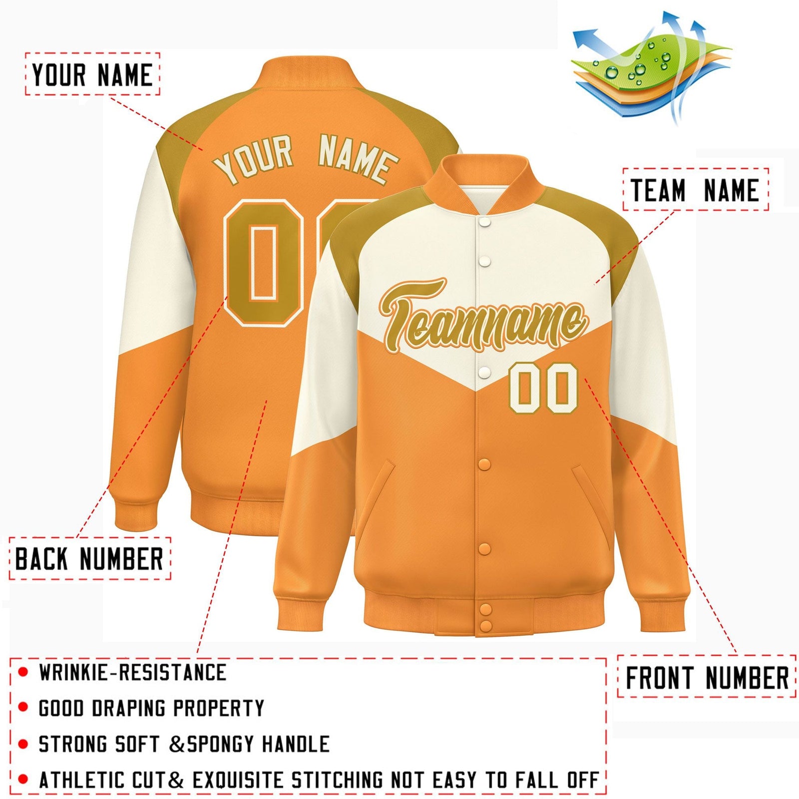 Custom Cream Orange Varsity Full-Snap Color Block Letterman Jacket