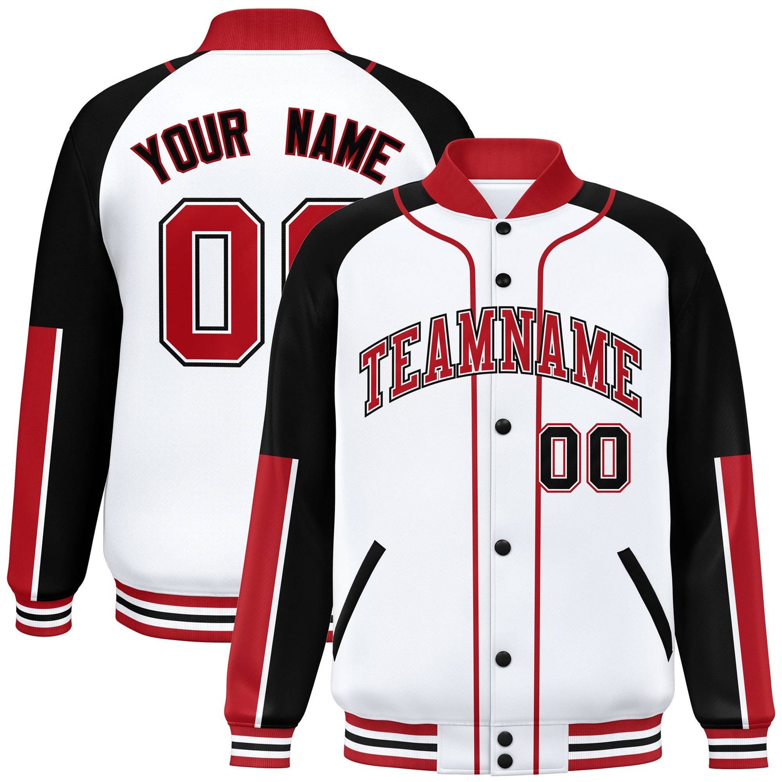 Custom White Black-Red Raglan Sleeves Varsity Full-Snap Letterman Baseball Jacket