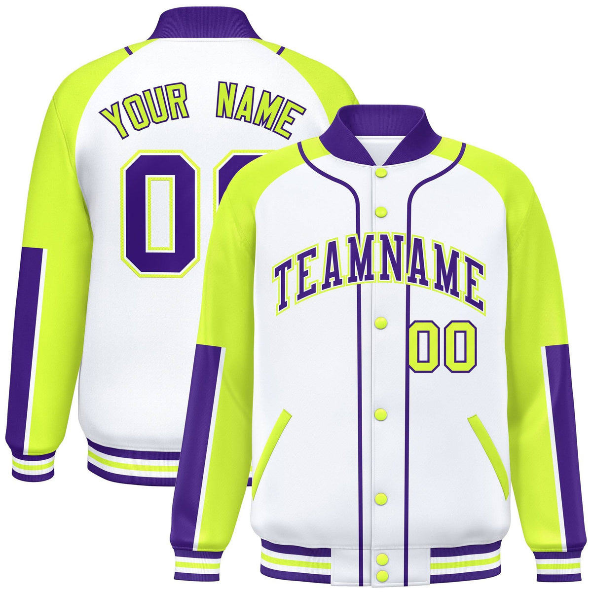 Custom White Neon Green-Purple Raglan Sleeves Varsity Full-Snap Letterman Baseball Jacket