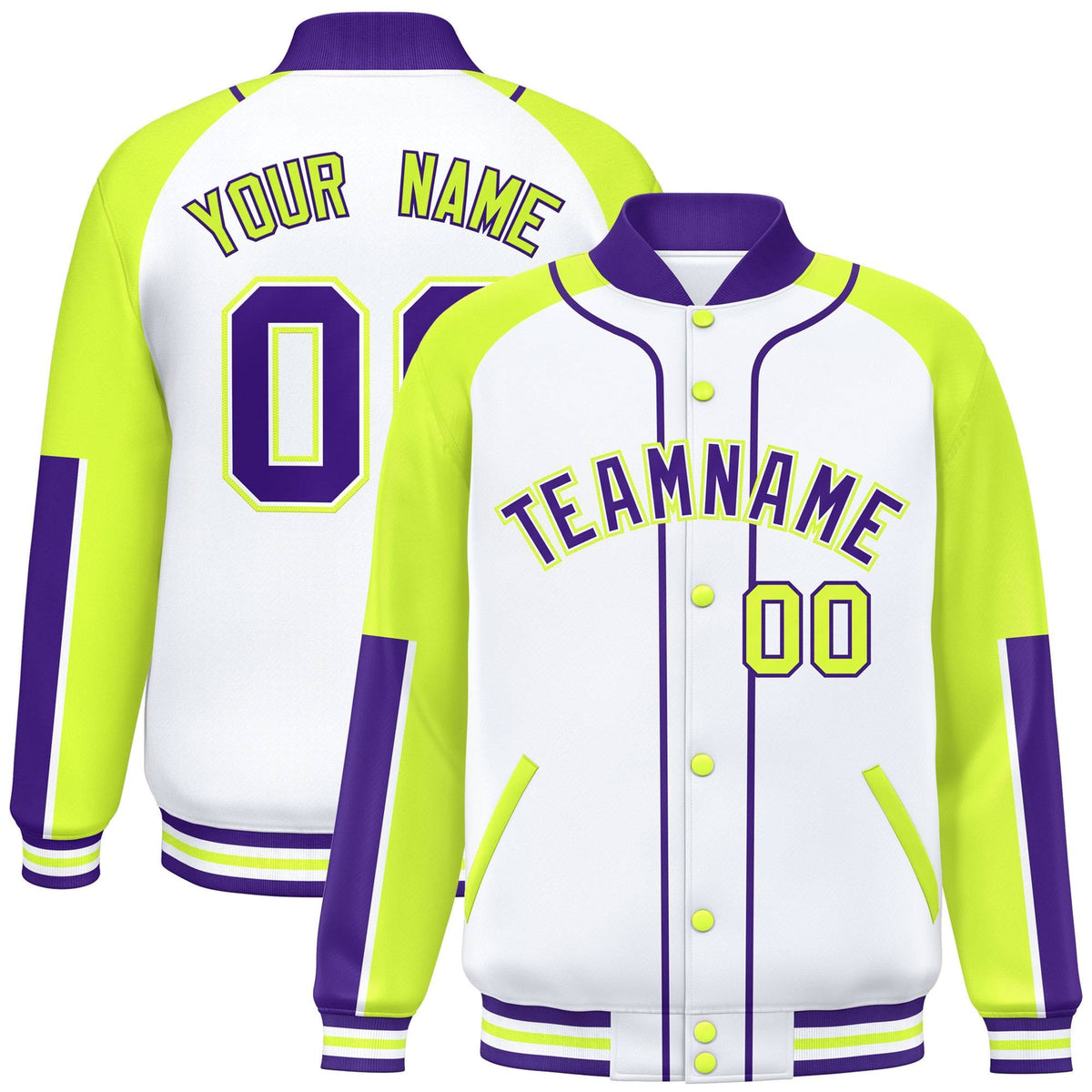 Custom White Neon Green-Purple Raglan Sleeves Varsity Full-Snap Letterman Baseball Jacket