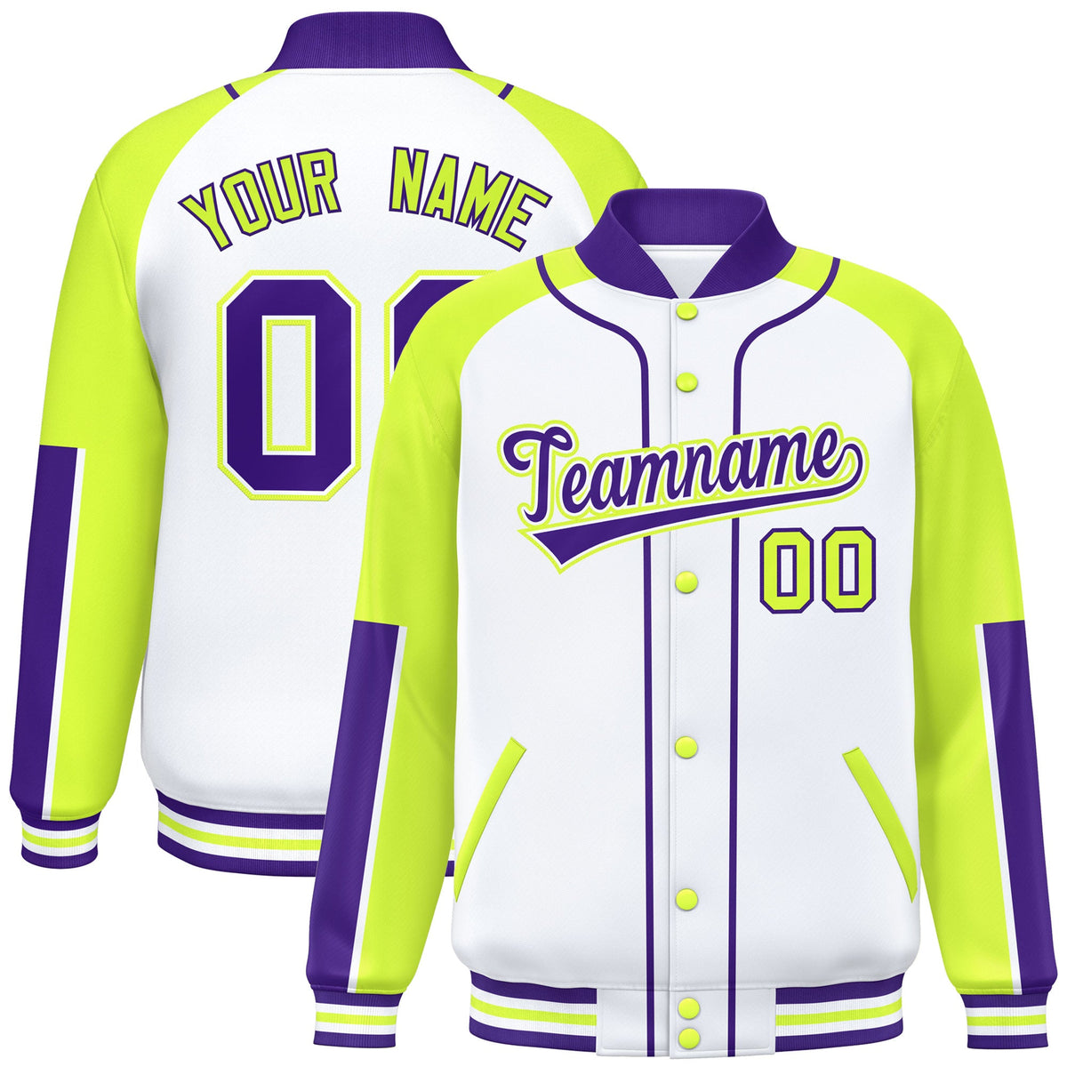 Custom White Neon Green-Purple Raglan Sleeves Varsity Full-Snap Letterman Baseball Jacket