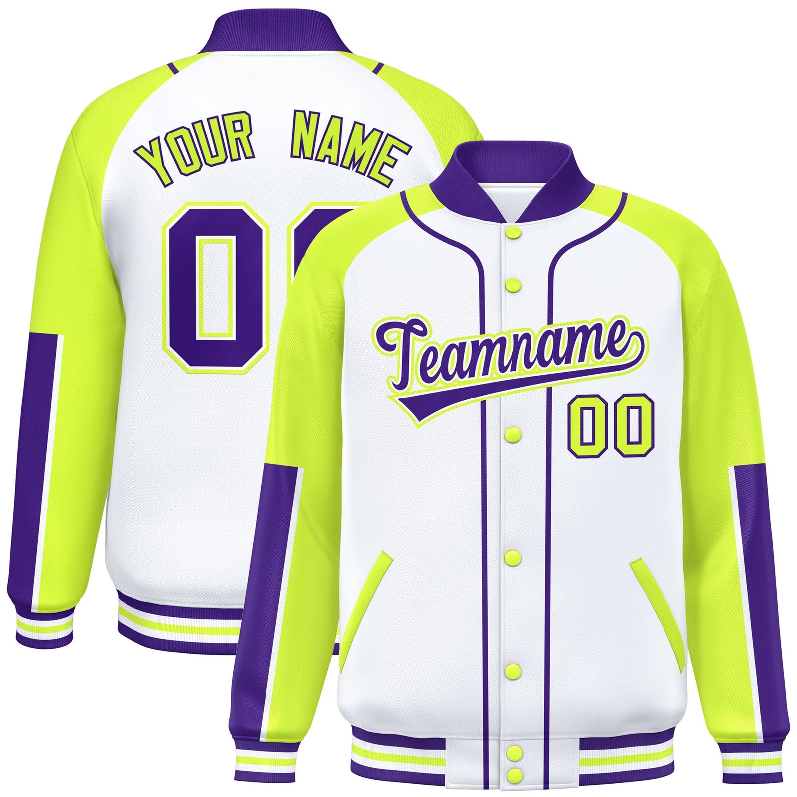 Custom White Neon Green-Purple Raglan Sleeves Varsity Full-Snap Letterman Baseball Jacket