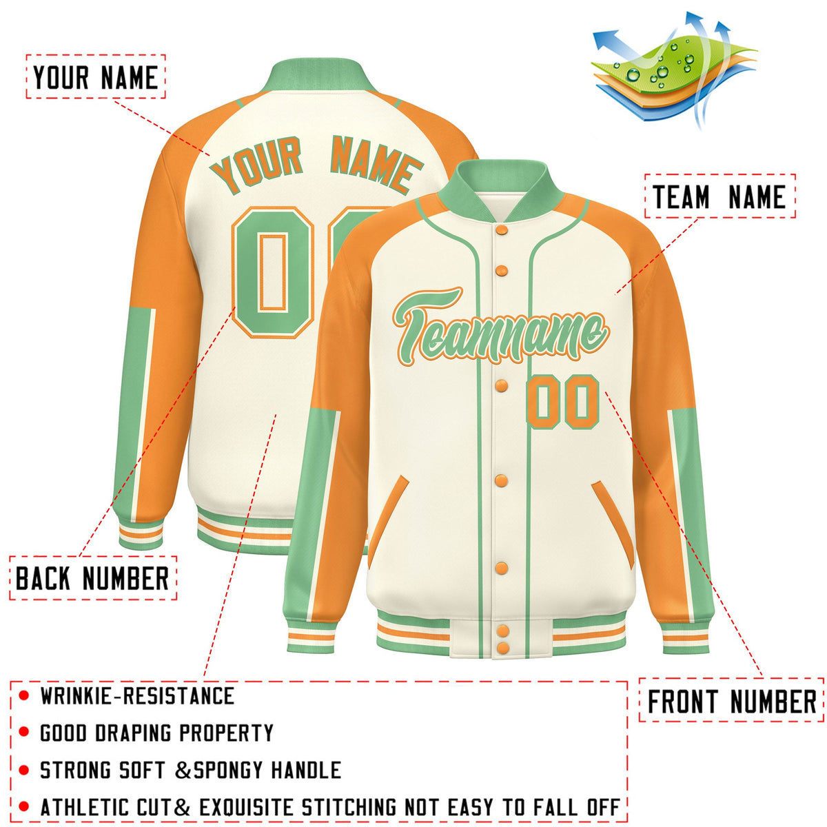 Custom Cream 0-Green Raglan Sleeves Varsity Full-Snap Letterman Baseball Jacket