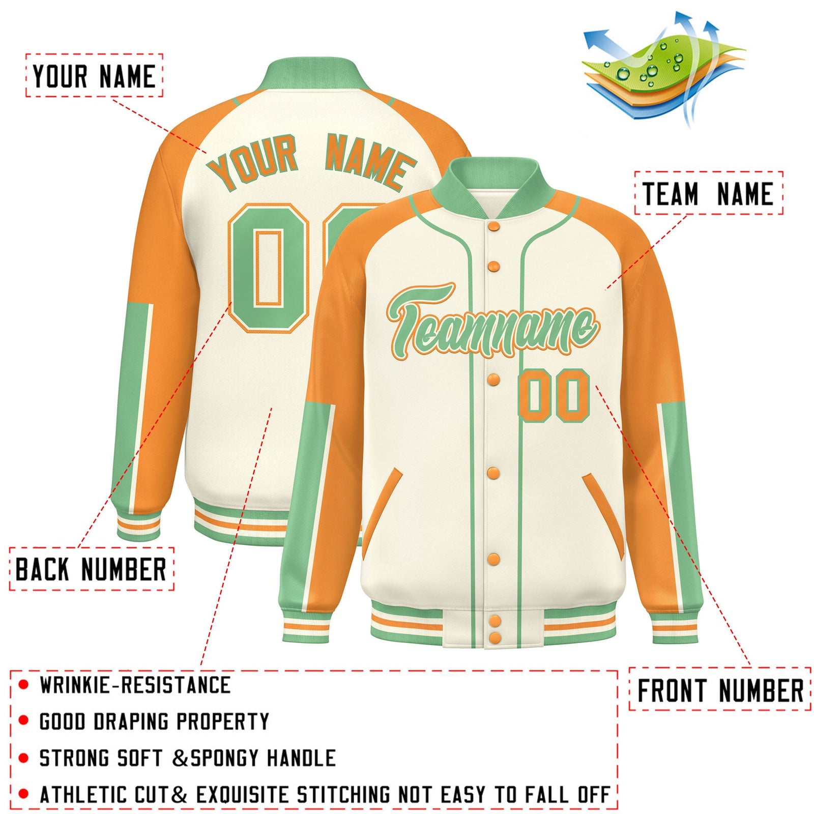 Custom Cream 0-Green Raglan Sleeves Varsity Full-Snap Letterman Baseball Jacket