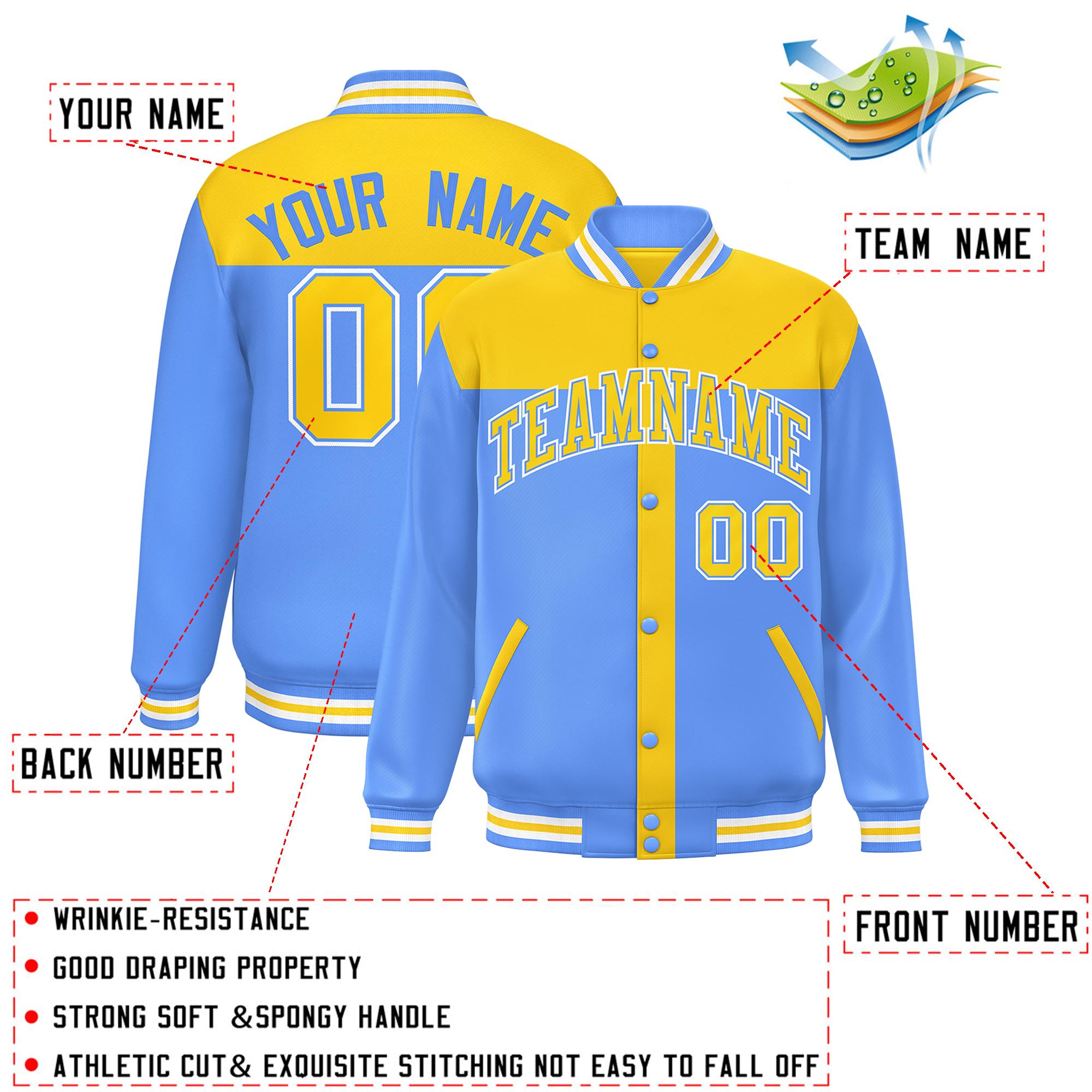 Custom Gold Powder Blue Color Block Bomber Varsity Baseball Jacket