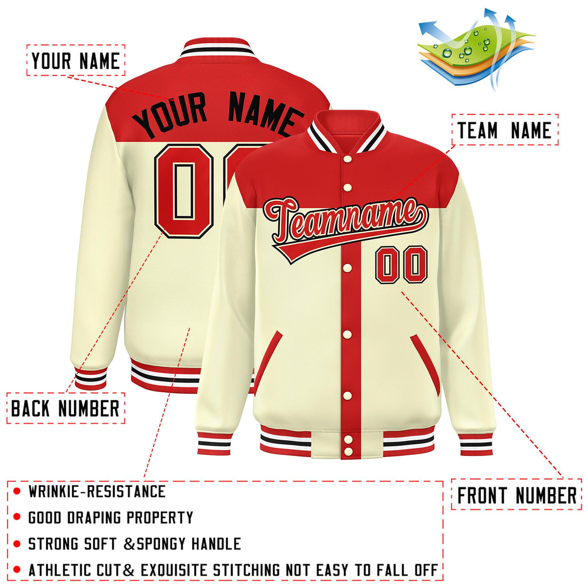 Custom Red Cream Color Block Bomber Varsity Baseball Jacket