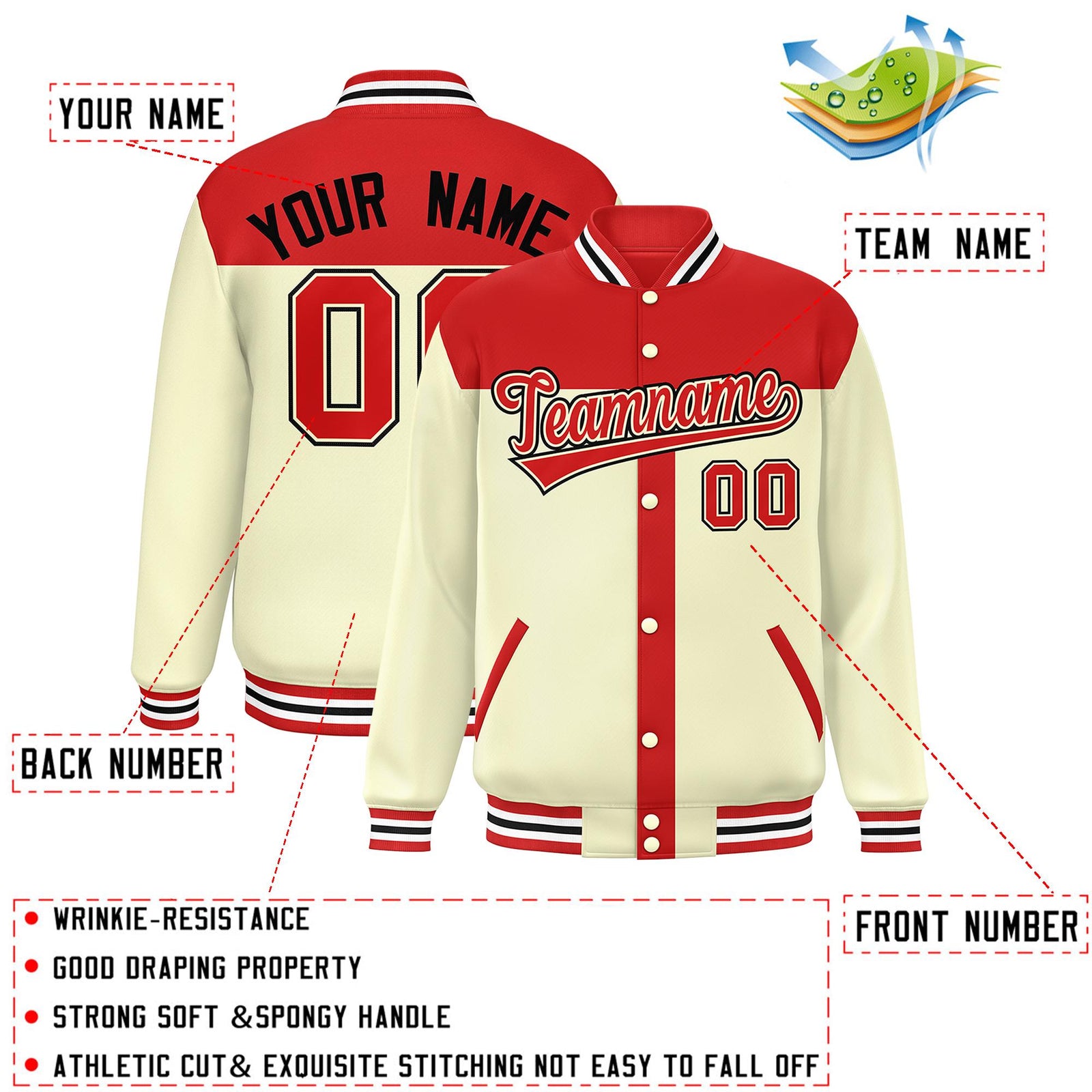 Custom Red Cream Color Block Bomber Varsity Baseball Jacket