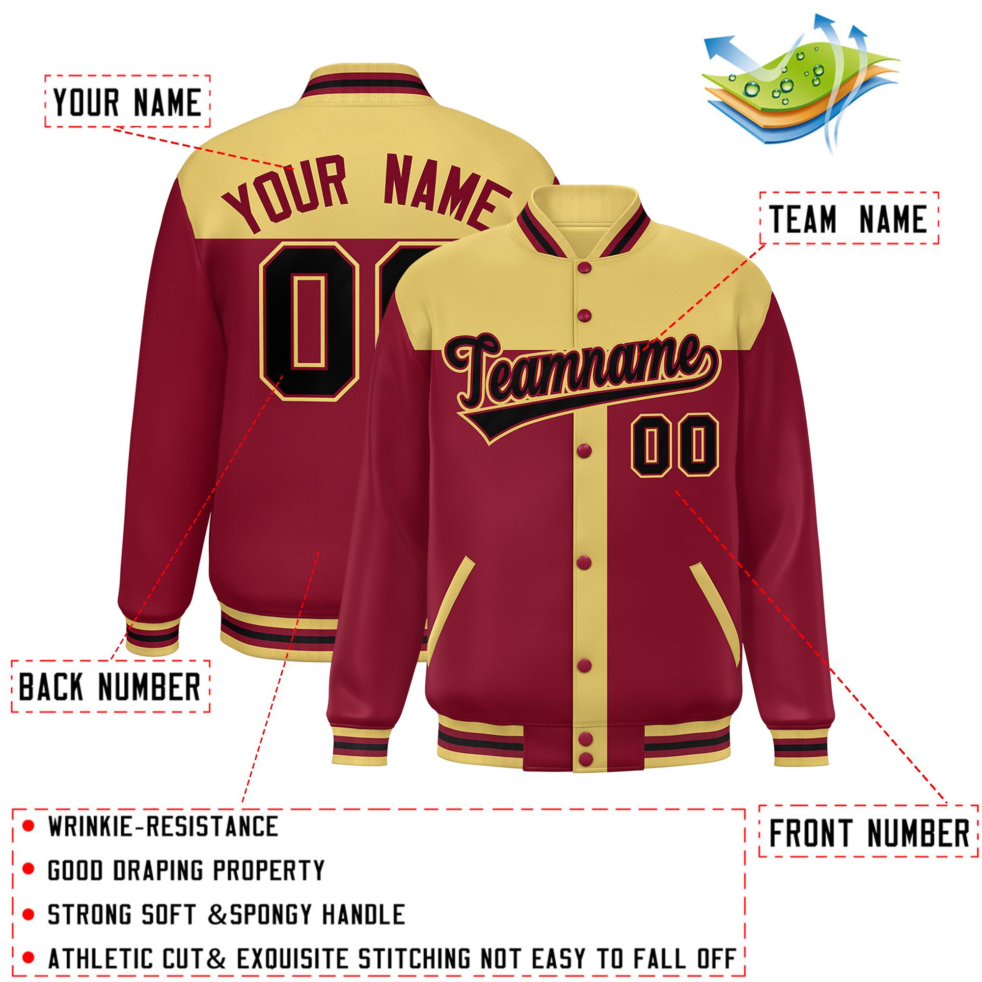 Custom Khaki Crimson Color Block Bomber Varsity Baseball Jacket
